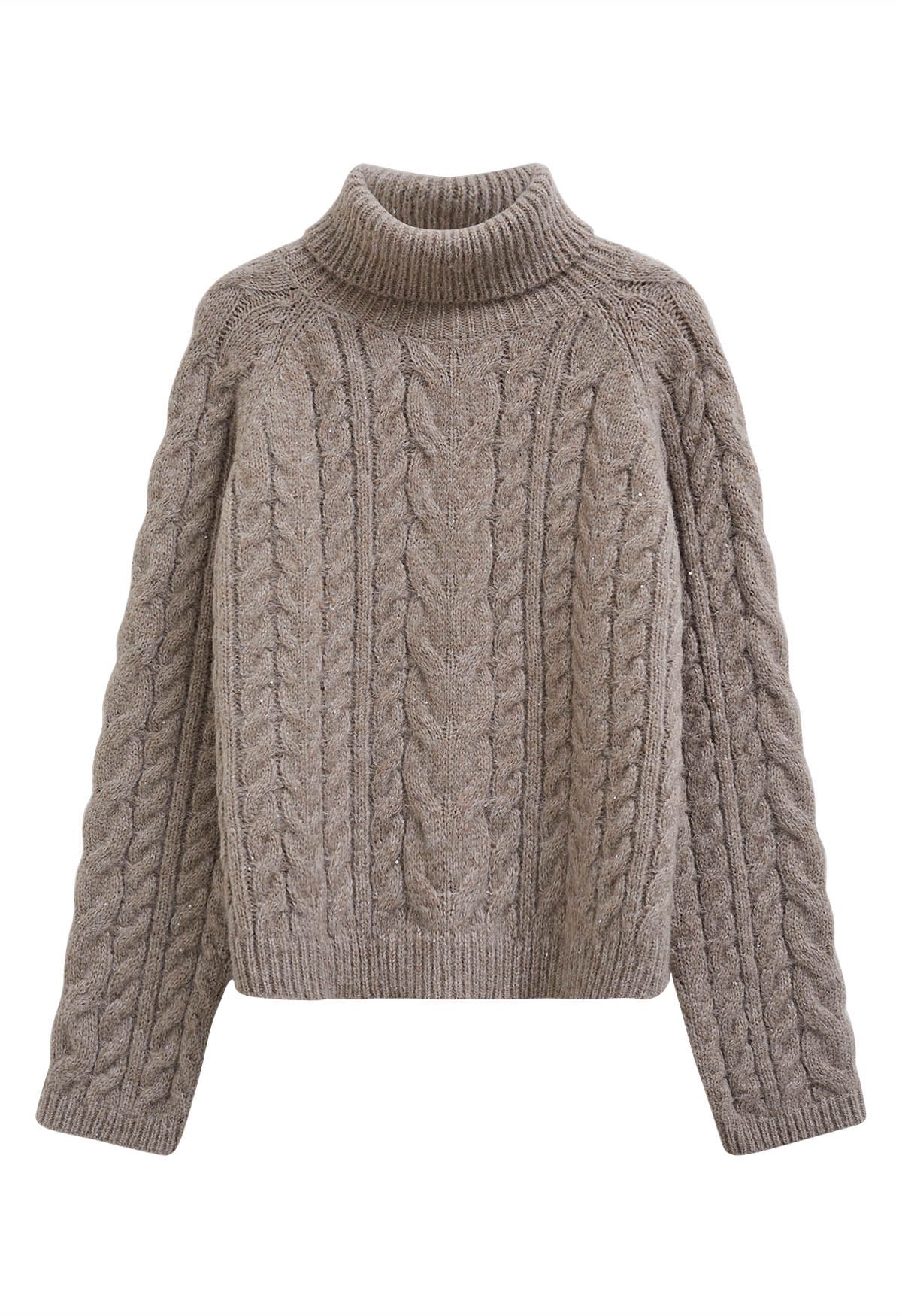 Turtleneck Sequin Cable Knit Sweater in Oatmeal