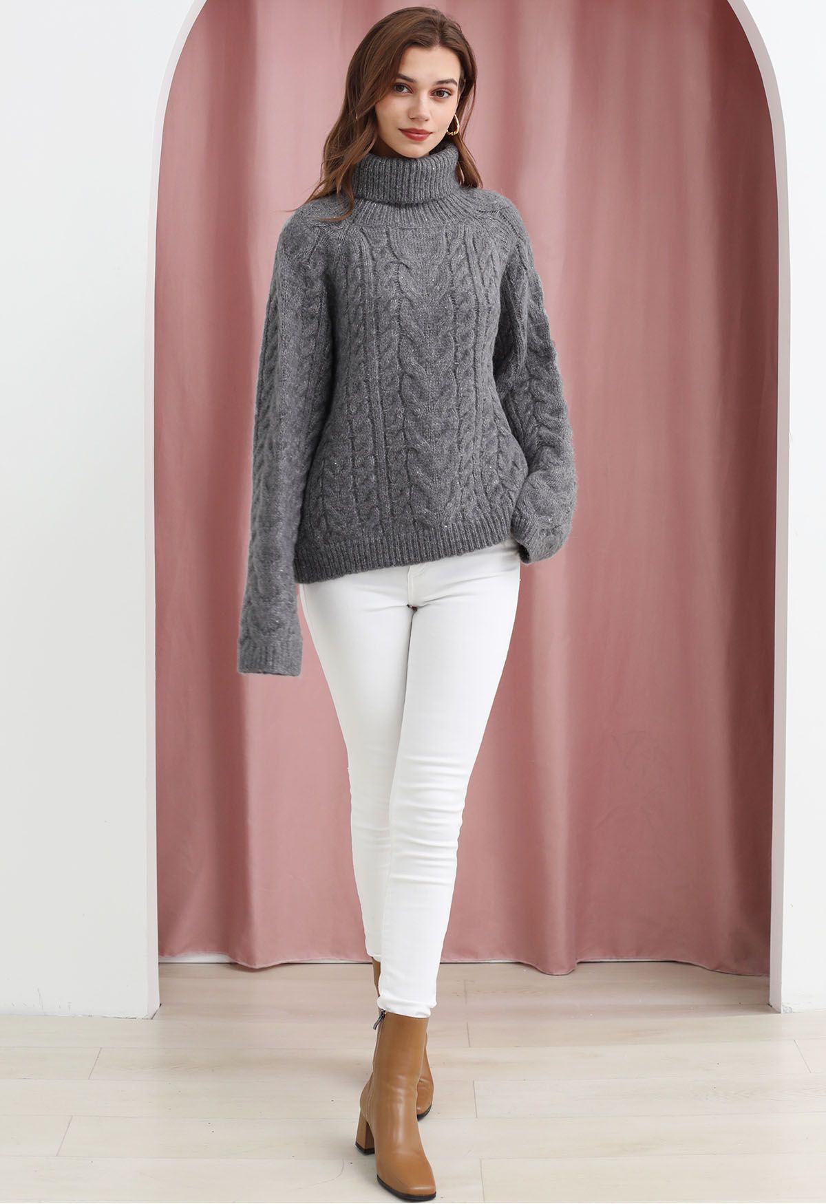 Turtleneck Sequin Cable Knit Sweater in Grey