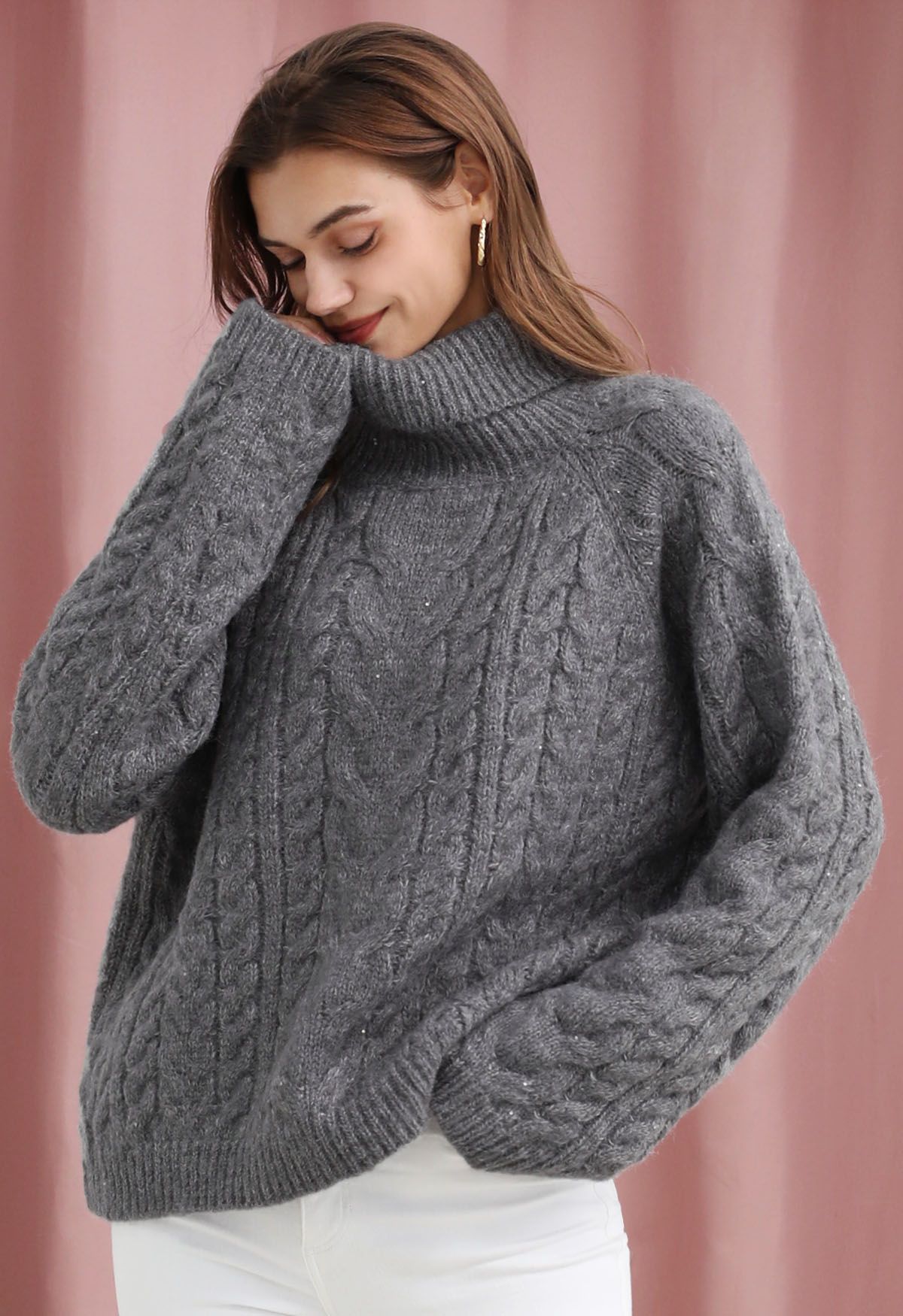 Turtleneck Sequin Cable Knit Sweater in Grey