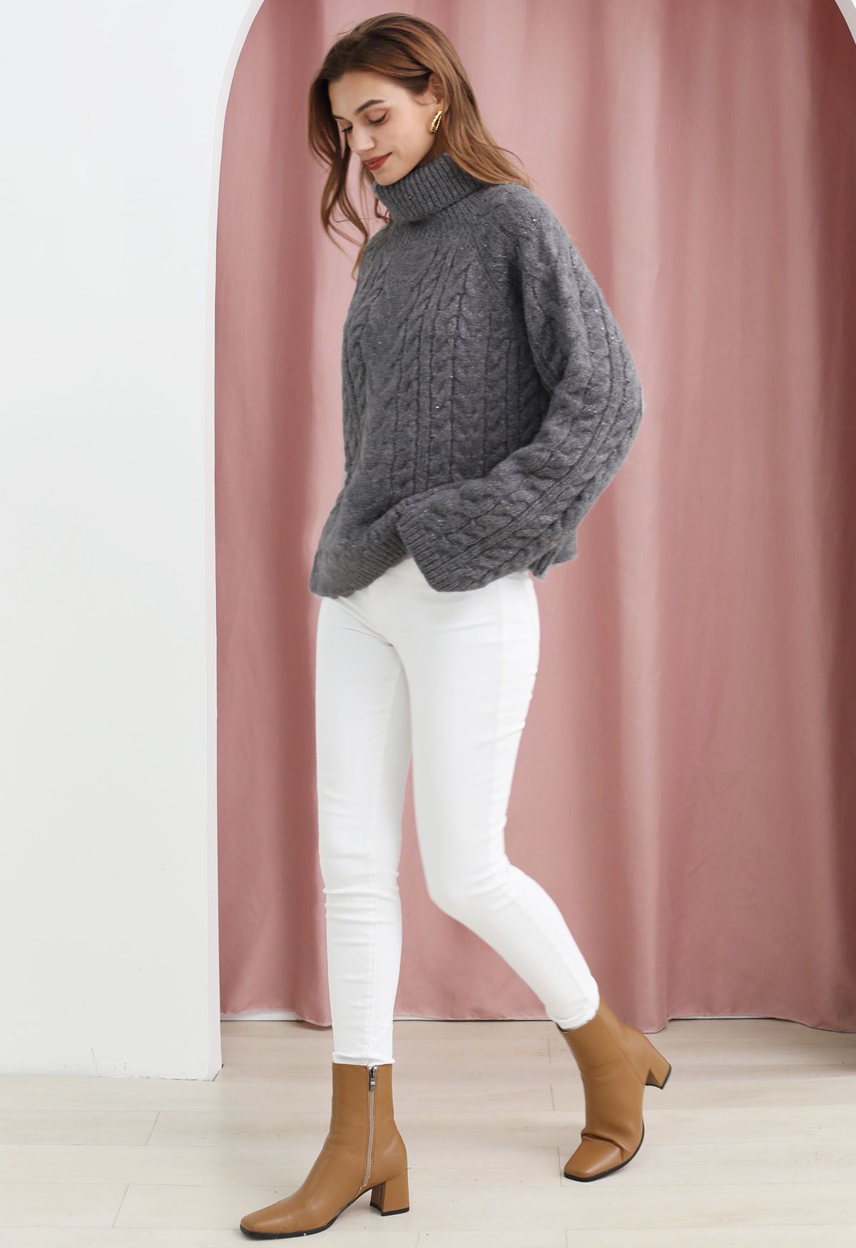 Turtleneck Sequin Cable Knit Sweater in Grey