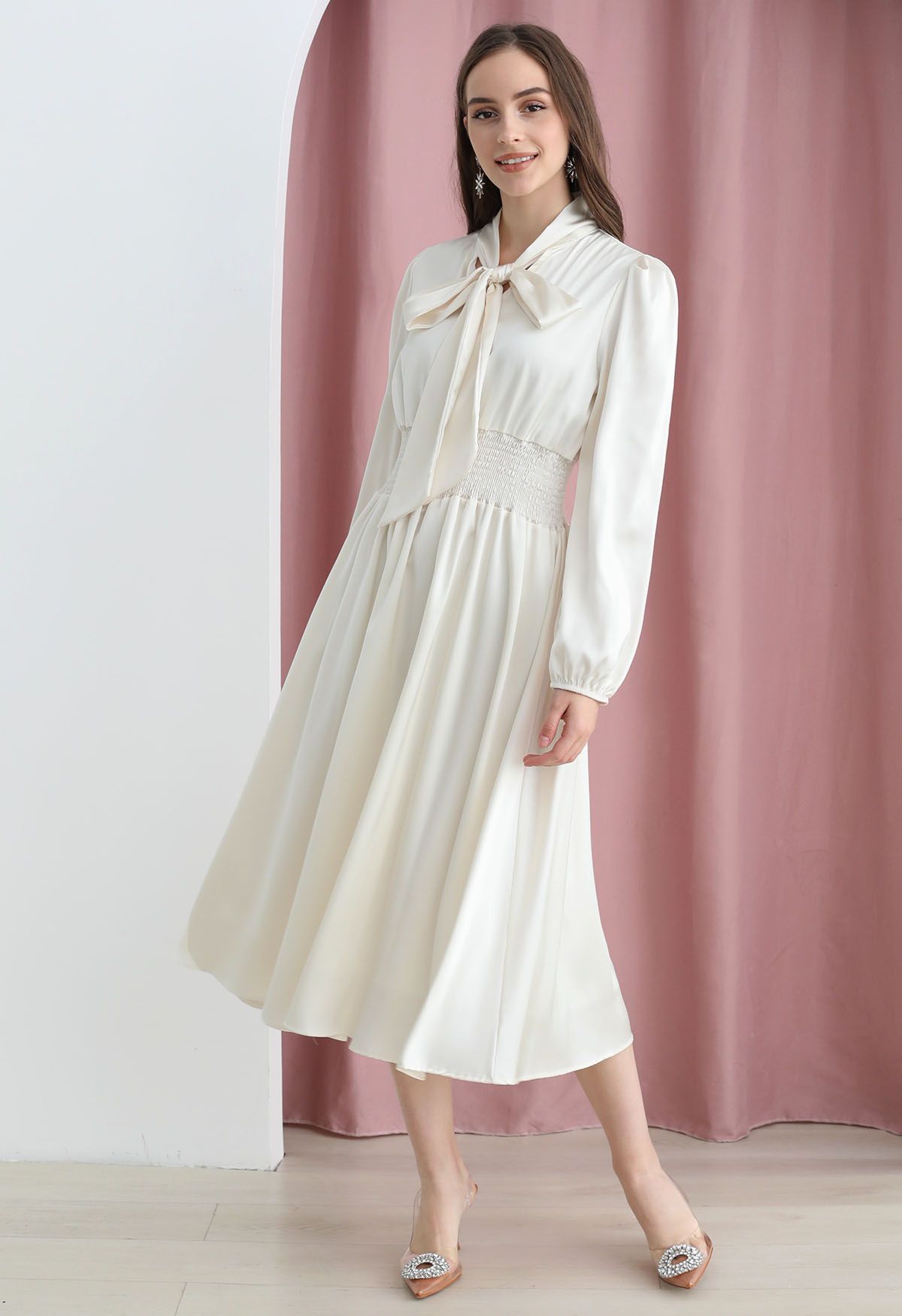 Bowknot Shirred Waist Satin Midi Dress in Ivory