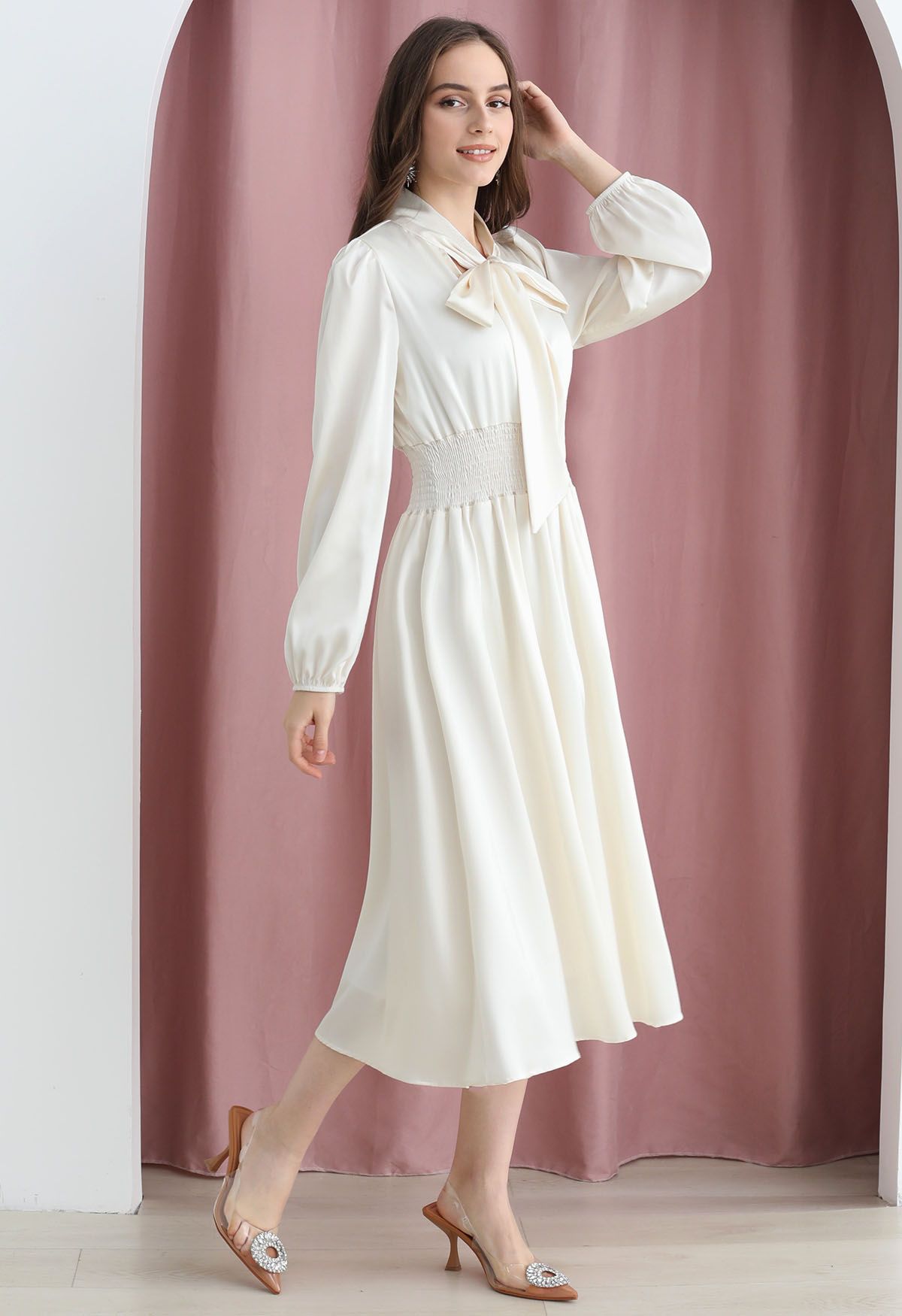 Bowknot Shirred Waist Satin Midi Dress in Ivory