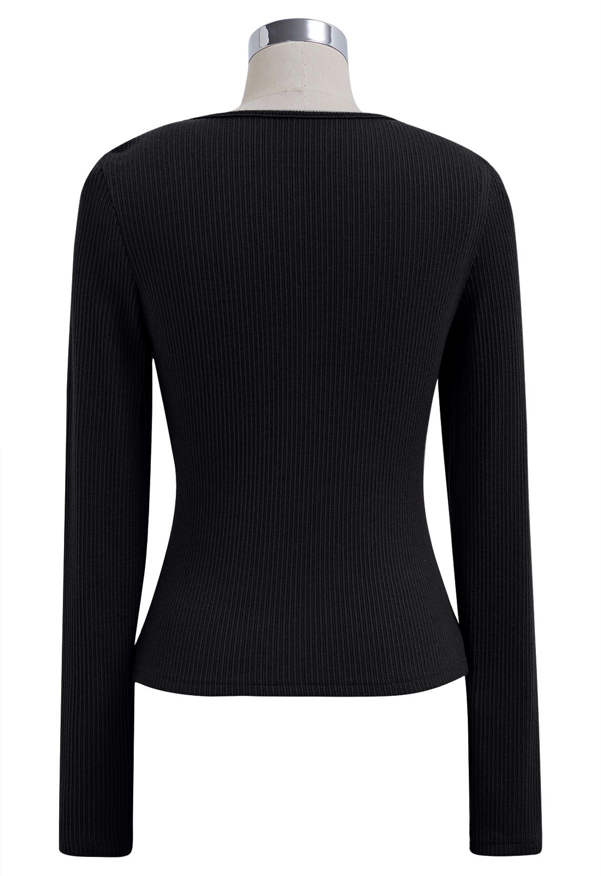 Twisted Mesh Spliced Knit Top in Black