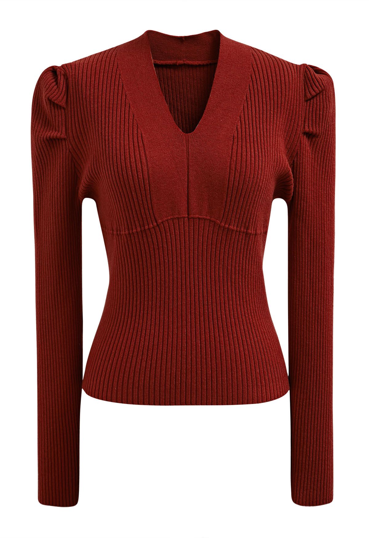 V-Neck Puff Shoulder Rib Knit Top in Red