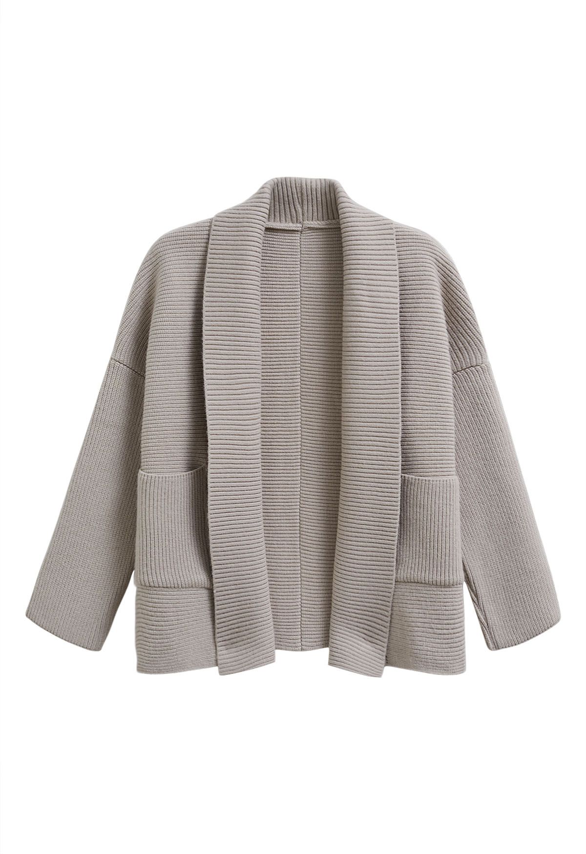 Shawl Collar Ribbed Knit Cardigan in Taupe