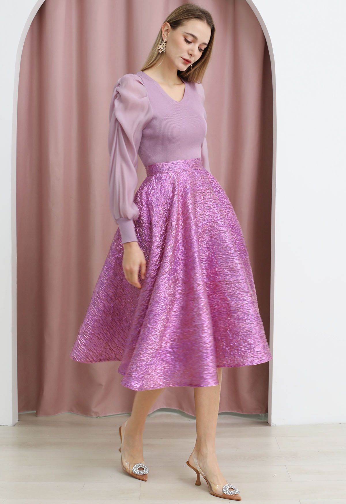 Shiny Pink Embossed Texture Jacquard Flare Midi Skirt