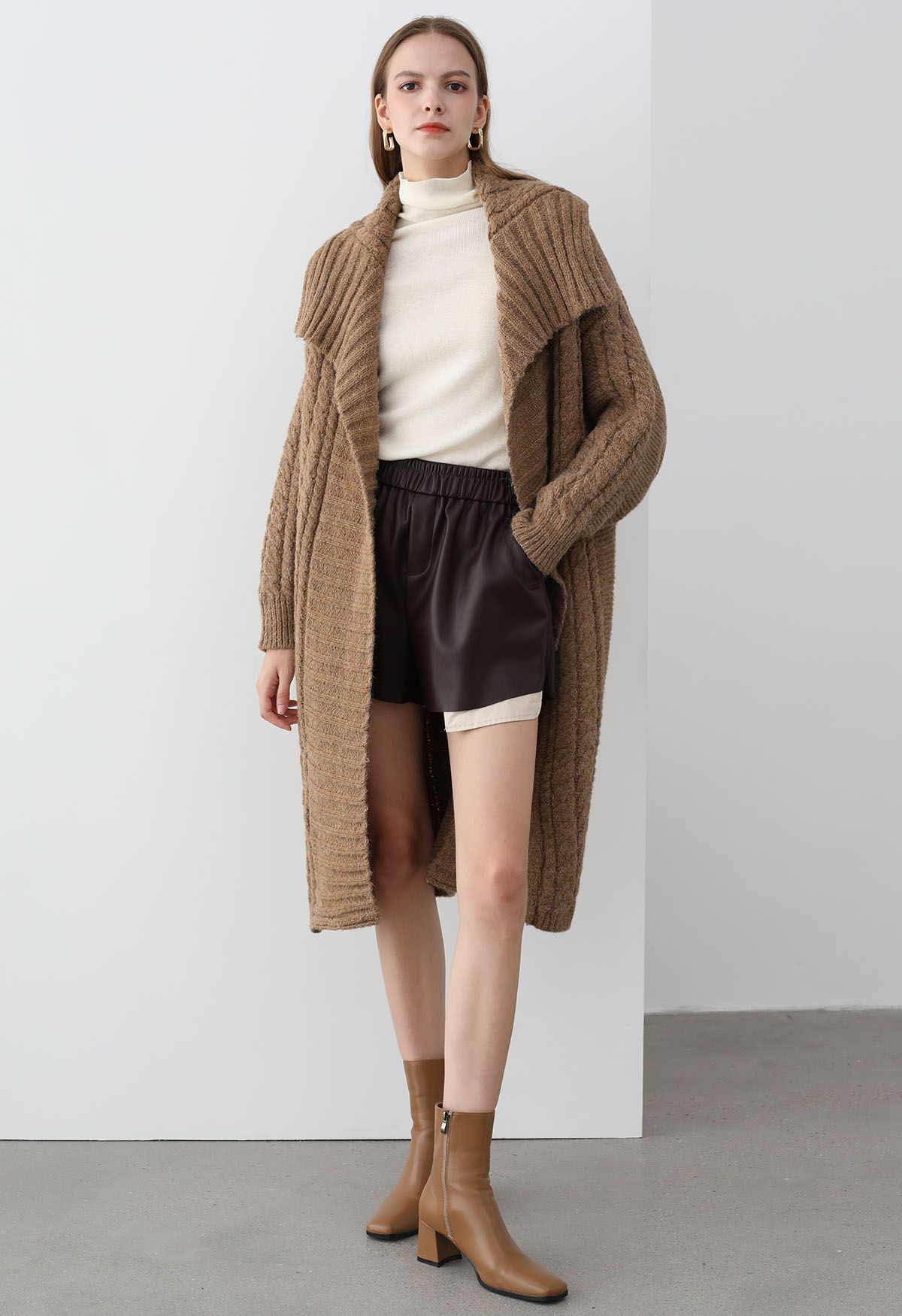 Flap Collar Cable Knit Longline Cardigan in Brown