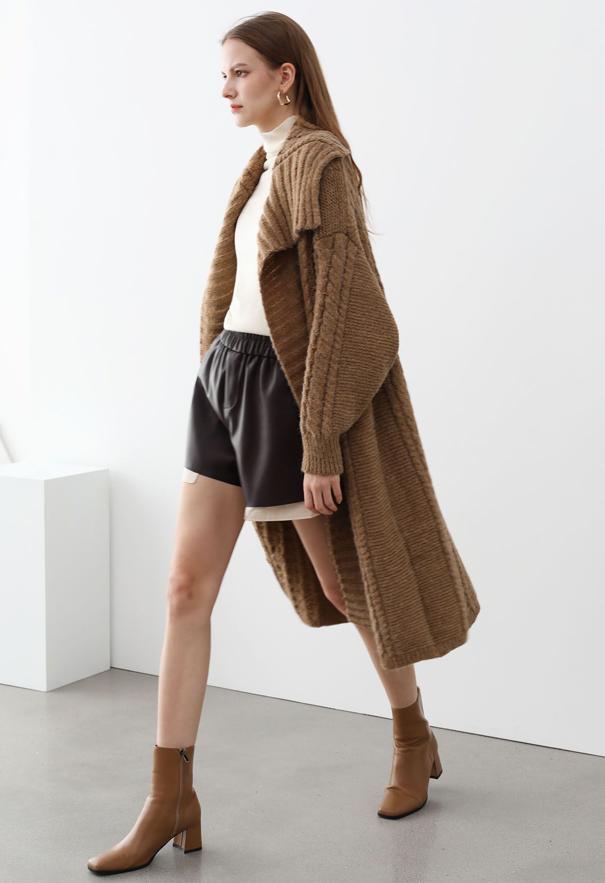 Flap Collar Cable Knit Longline Cardigan in Brown