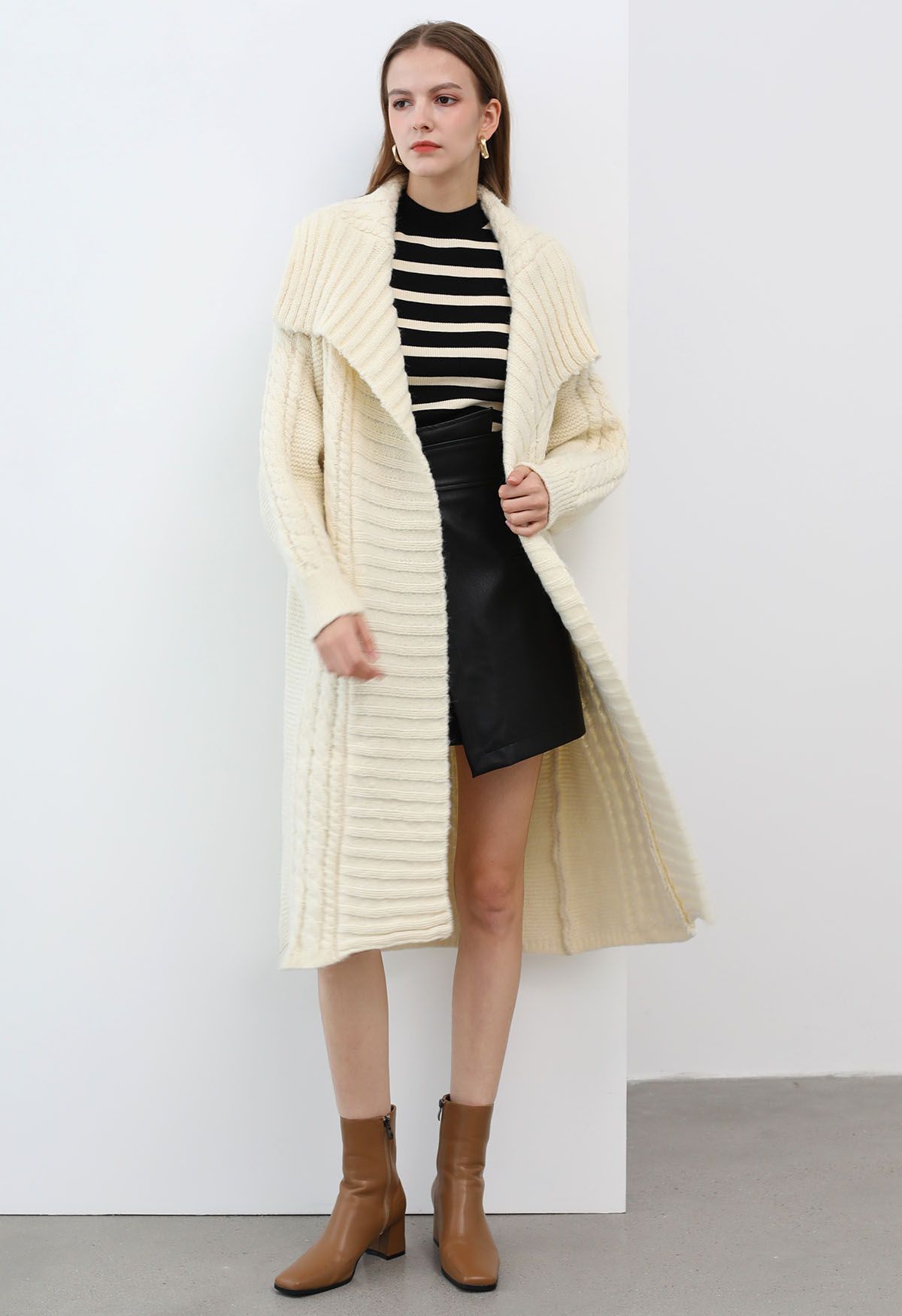 Flap Collar Cable Knit Longline Cardigan in Cream