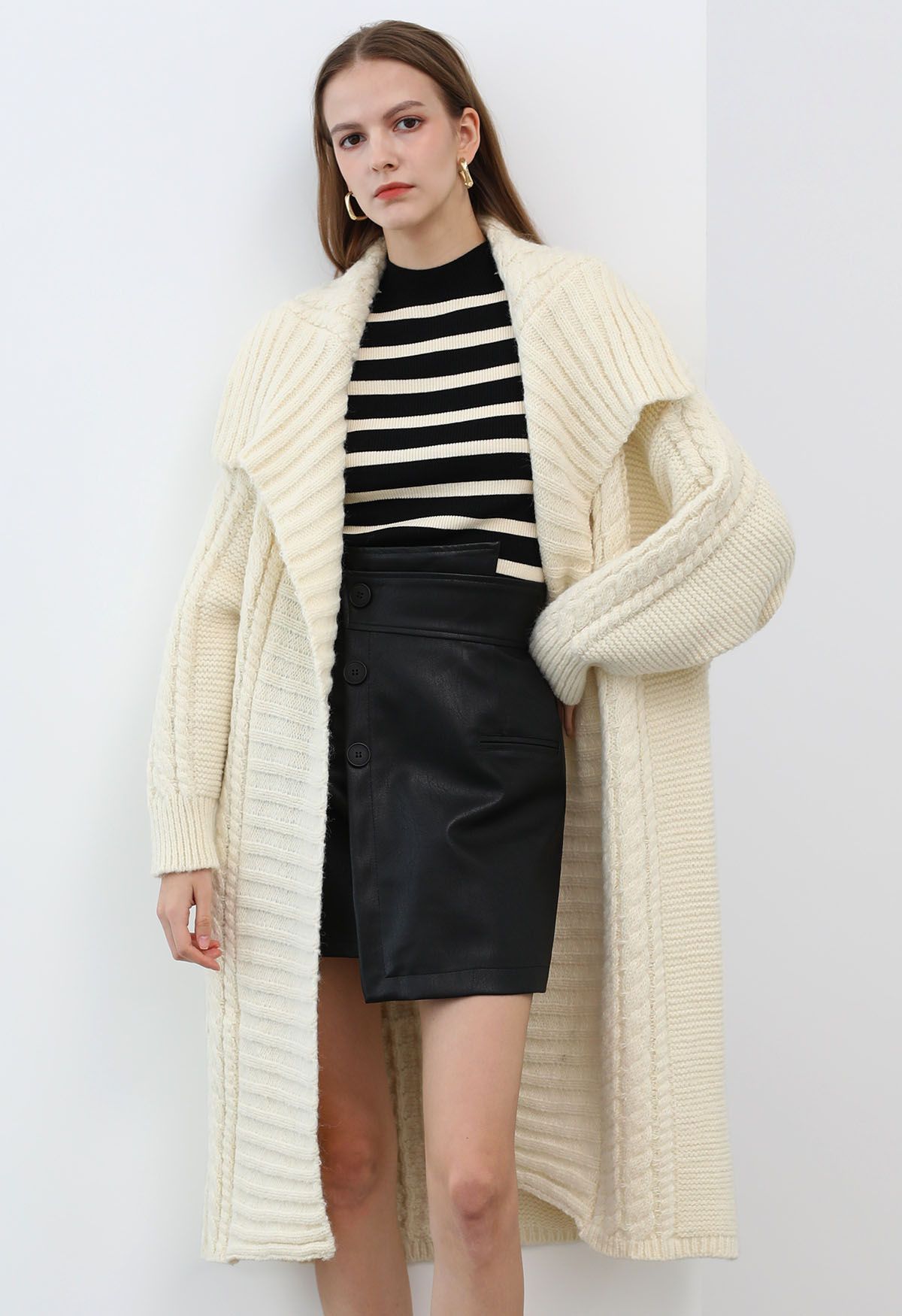 Flap Collar Cable Knit Longline Cardigan in Cream