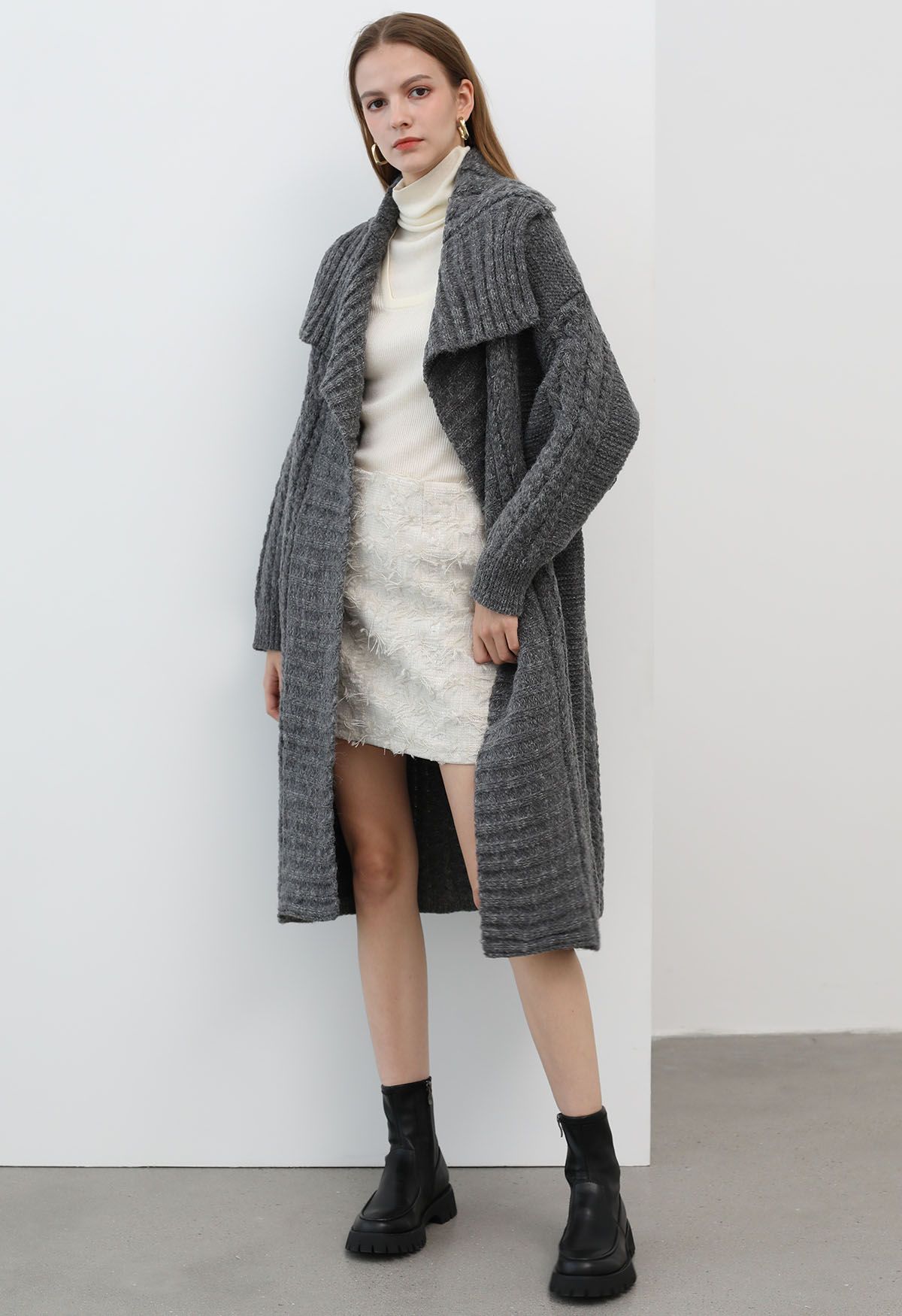 Flap Collar Cable Knit Longline Cardigan in Grey