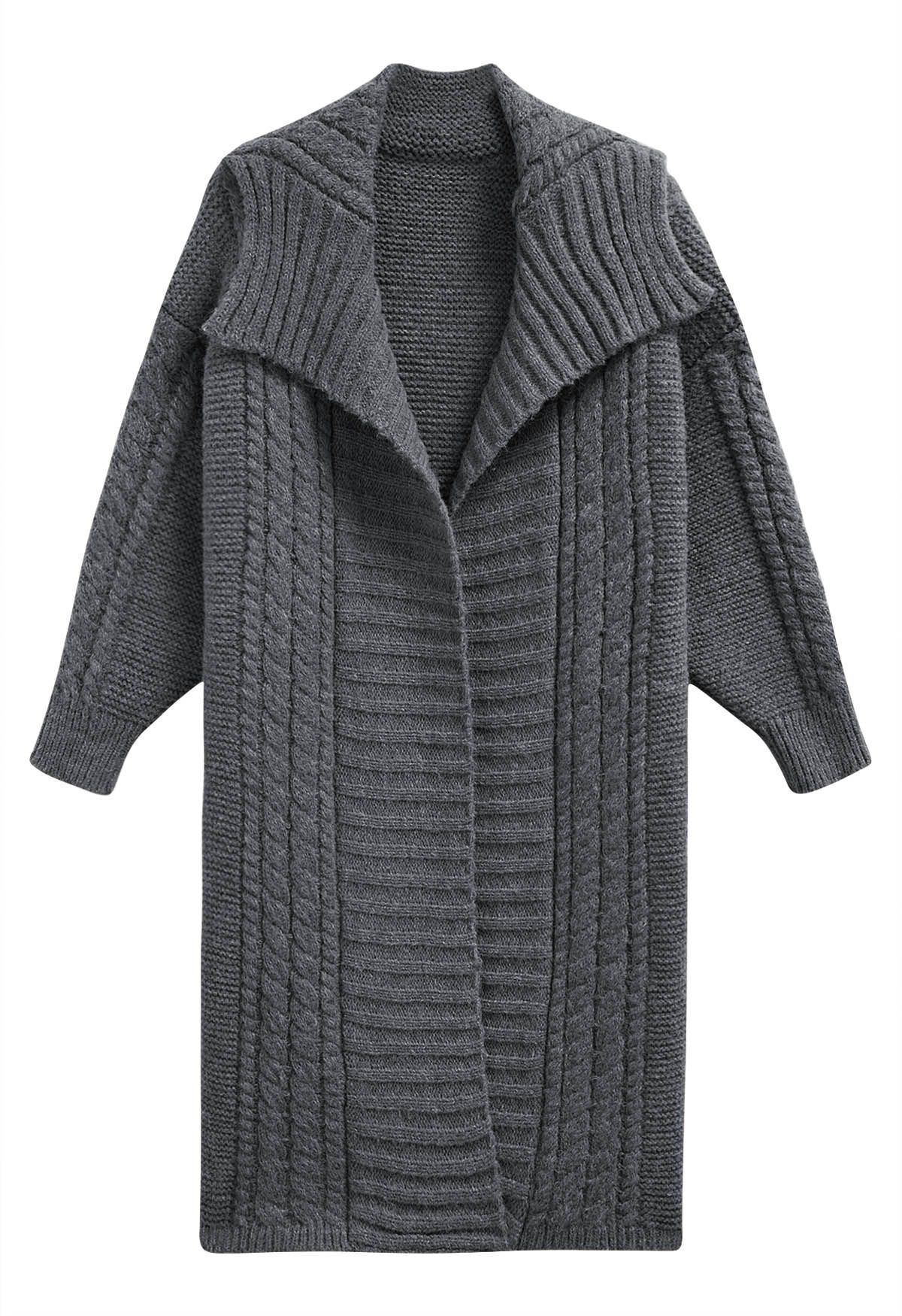 Flap Collar Cable Knit Longline Cardigan in Grey