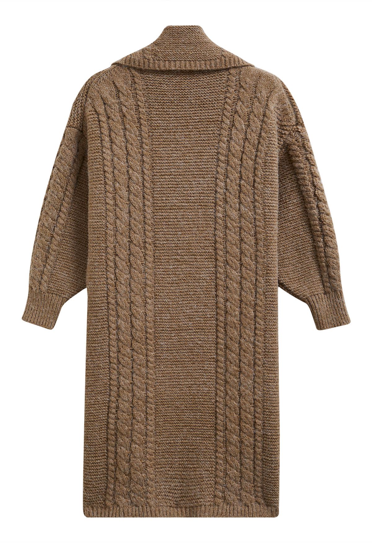 Flap Collar Cable Knit Longline Cardigan in Brown