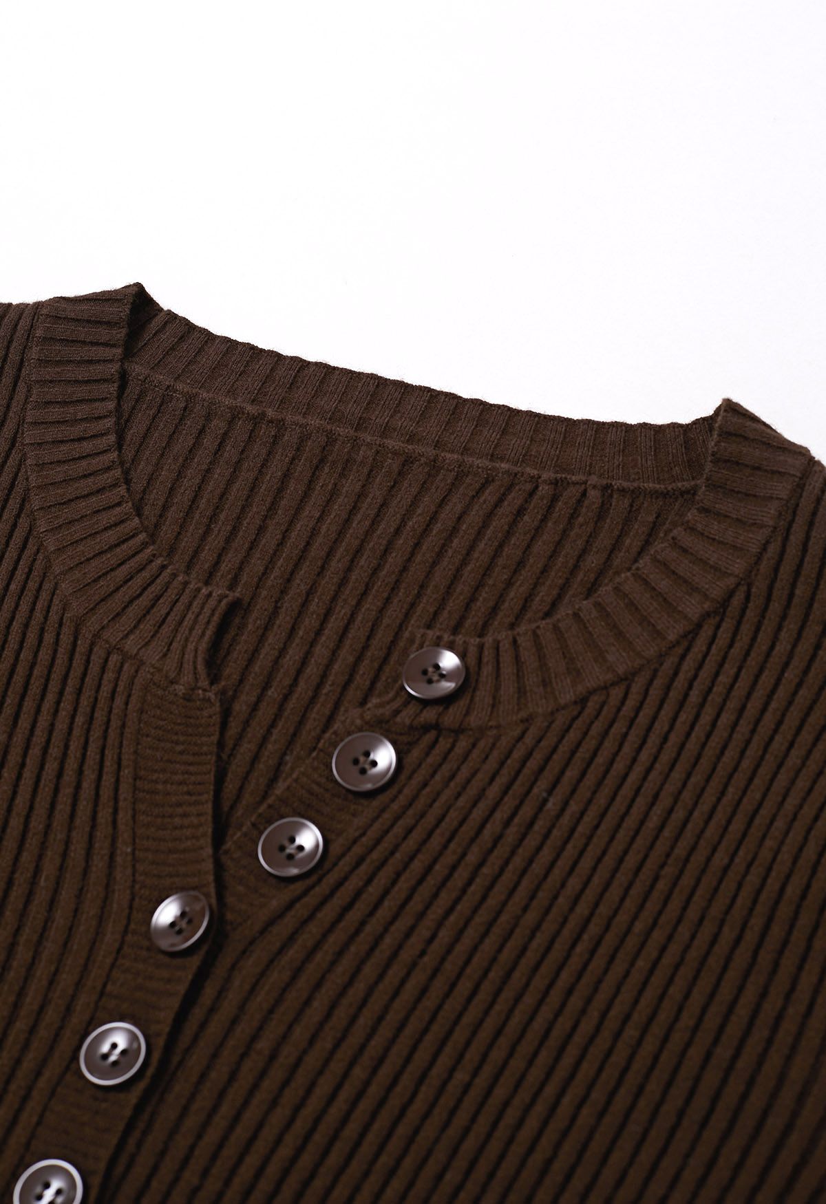 Versatile Button Front Ribbed Knit Top in Brown
