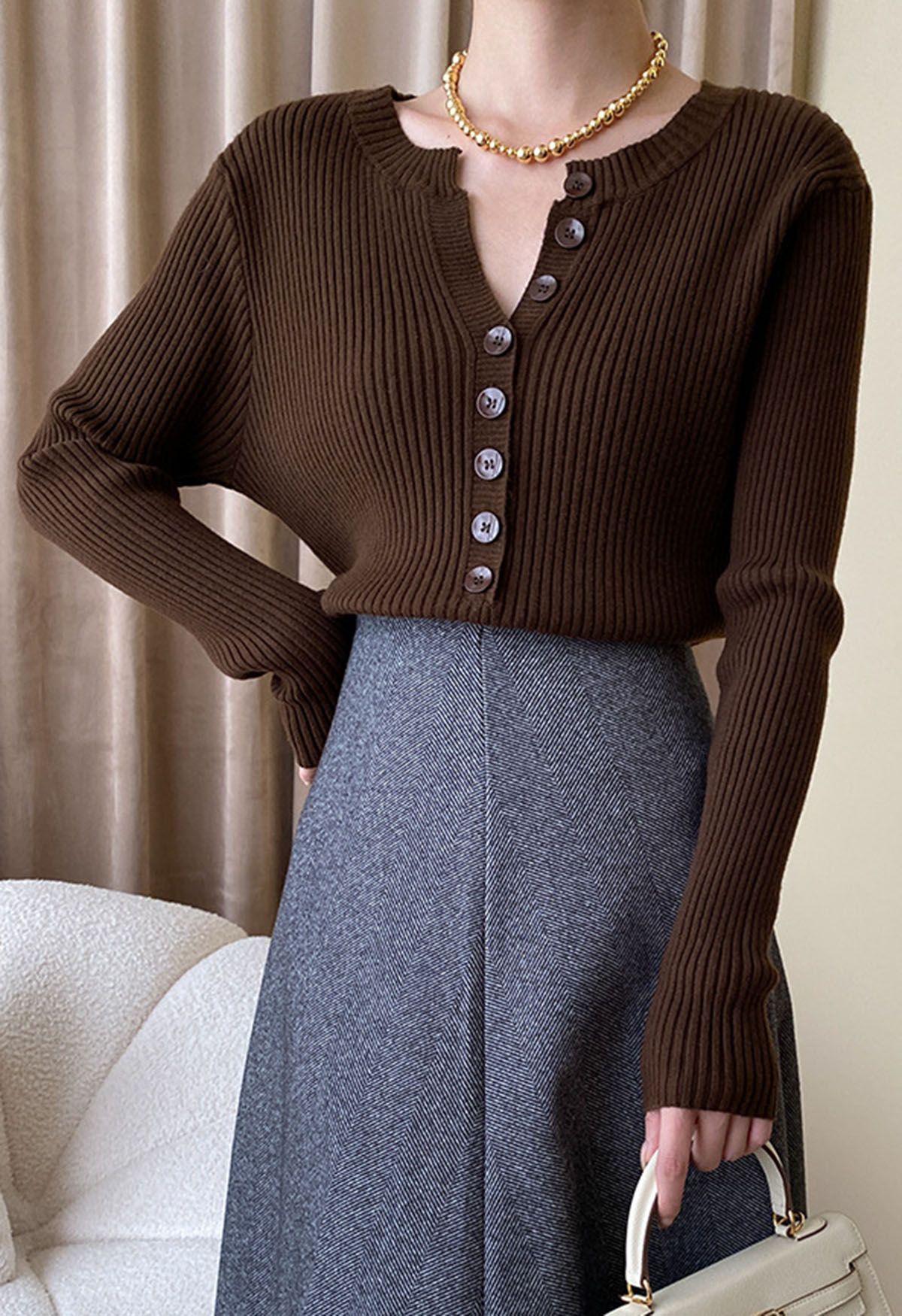 Versatile Button Front Ribbed Knit Top in Brown