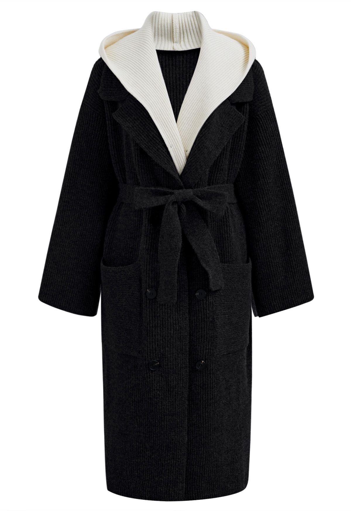 Contrast Fake Two-Piece Hooded Longline Coat in Black