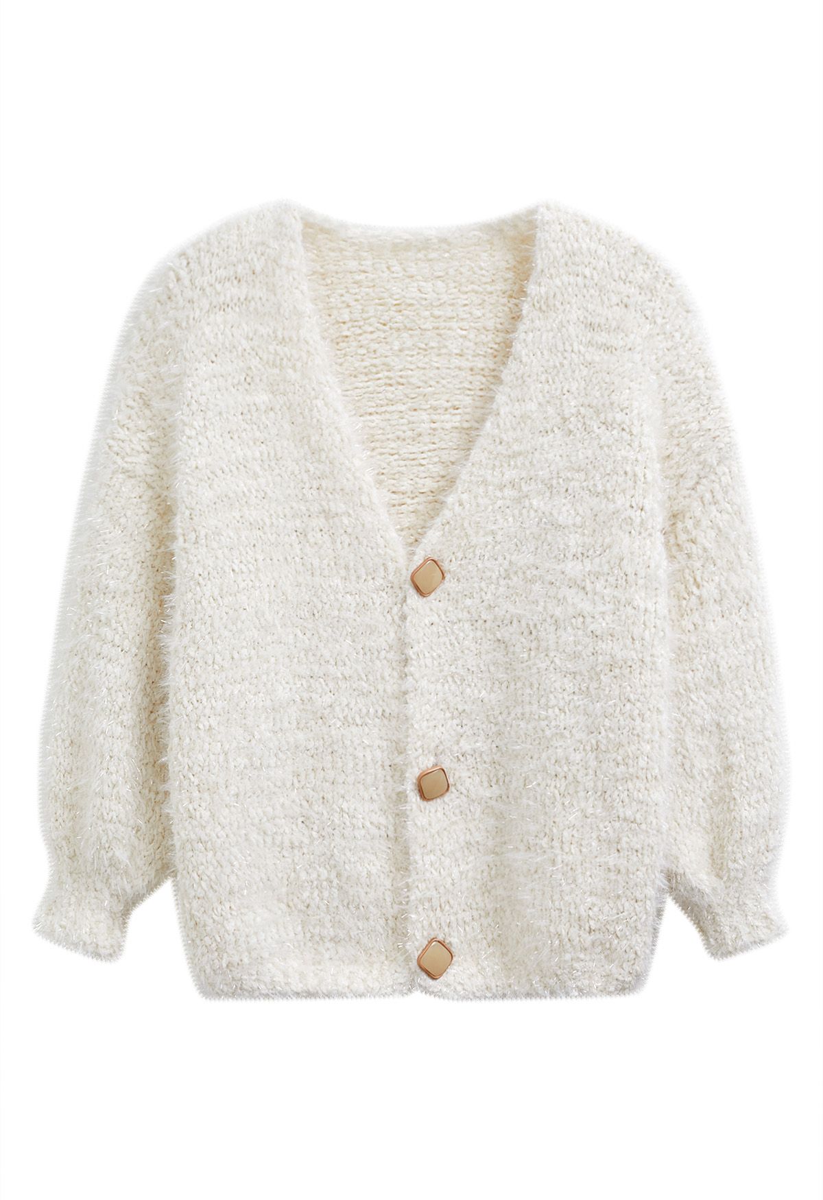 Coziness Shimmer Fuzzy Knit Buttoned Cardigan in Cream