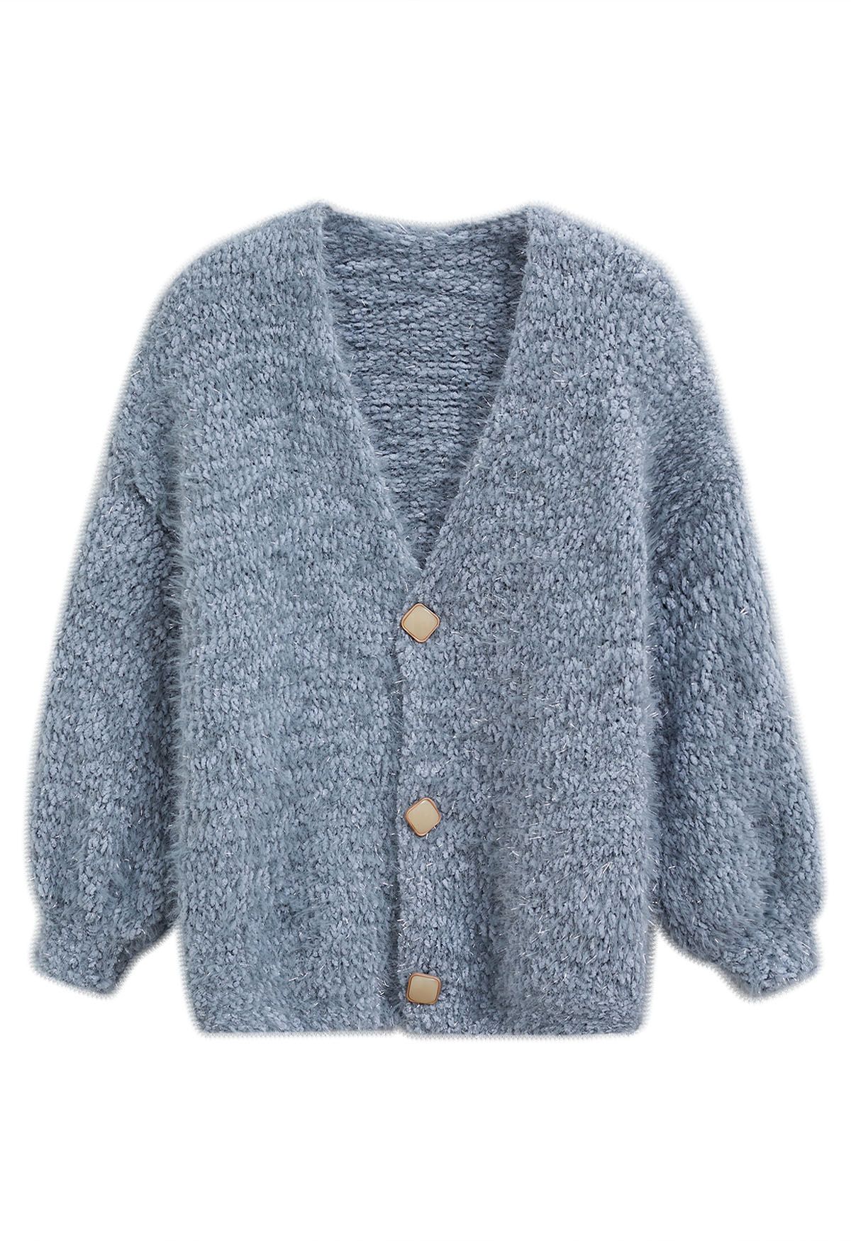 Coziness Shimmer Fuzzy Knit Buttoned Cardigan in Dusty Blue