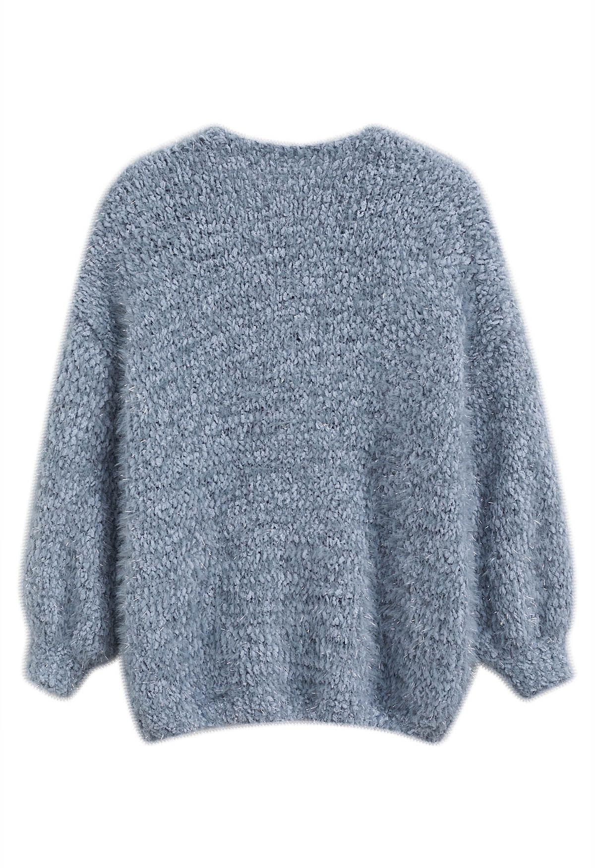 Coziness Shimmer Fuzzy Knit Buttoned Cardigan in Dusty Blue