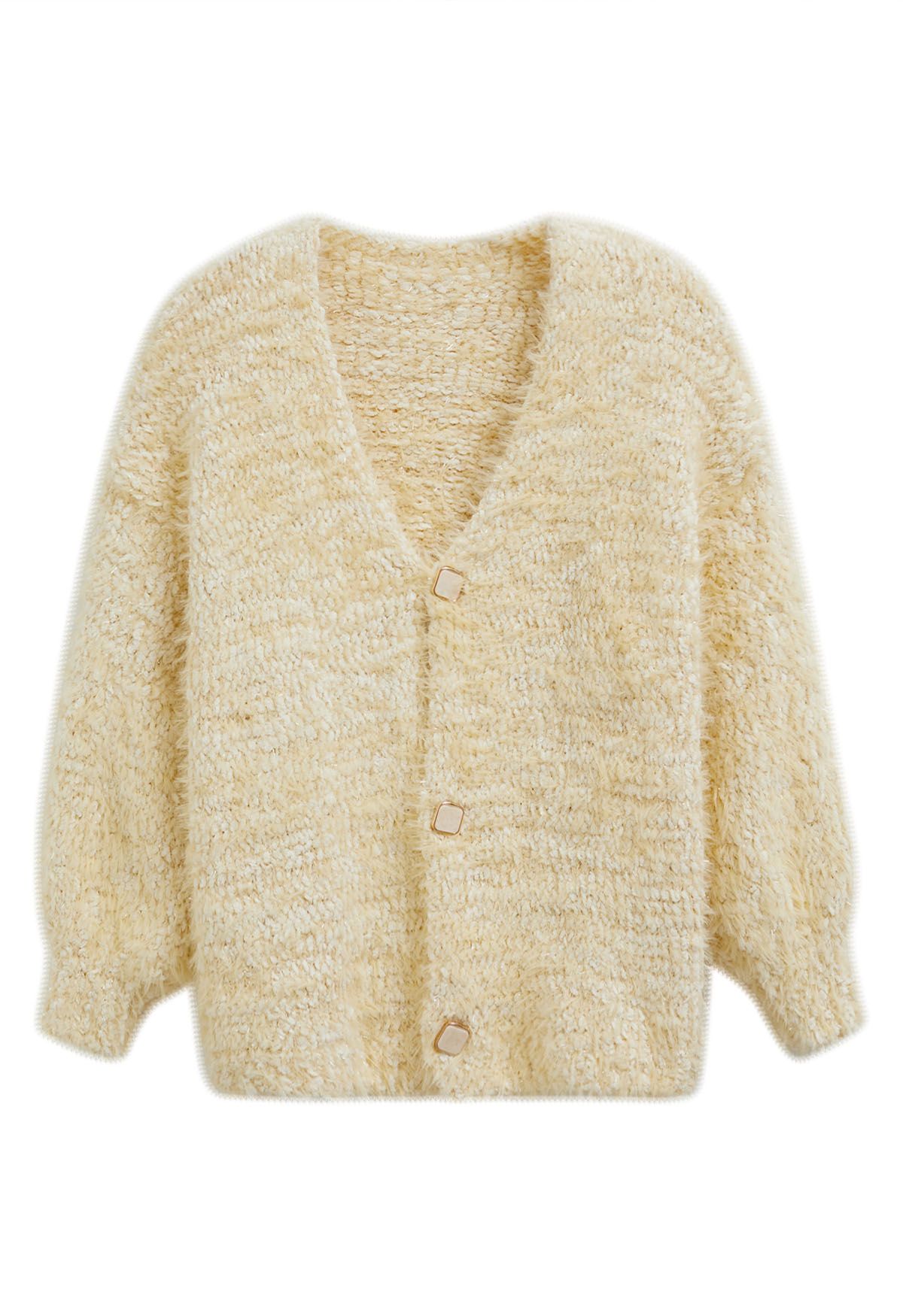 Coziness Shimmer Fuzzy Knit Buttoned Cardigan in Light Yellow