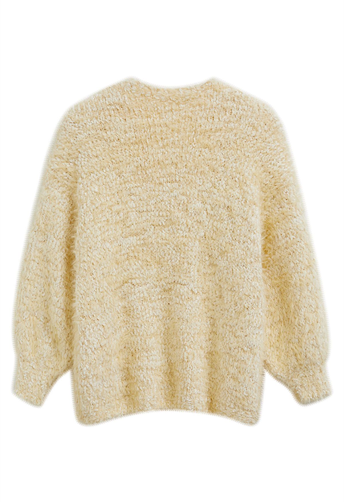 Coziness Shimmer Fuzzy Knit Buttoned Cardigan in Light Yellow