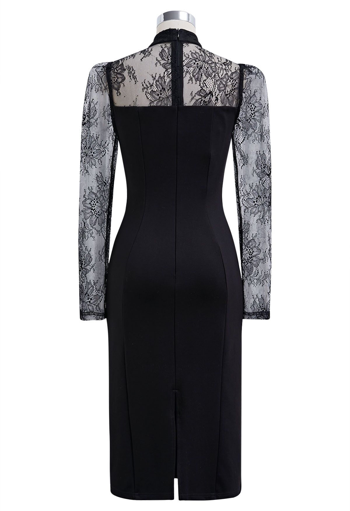 Lace Spliced Feather Trim Bodycon Midi Dress in Black