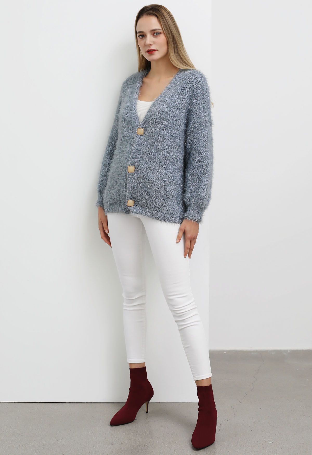 Coziness Shimmer Fuzzy Knit Buttoned Cardigan in Dusty Blue