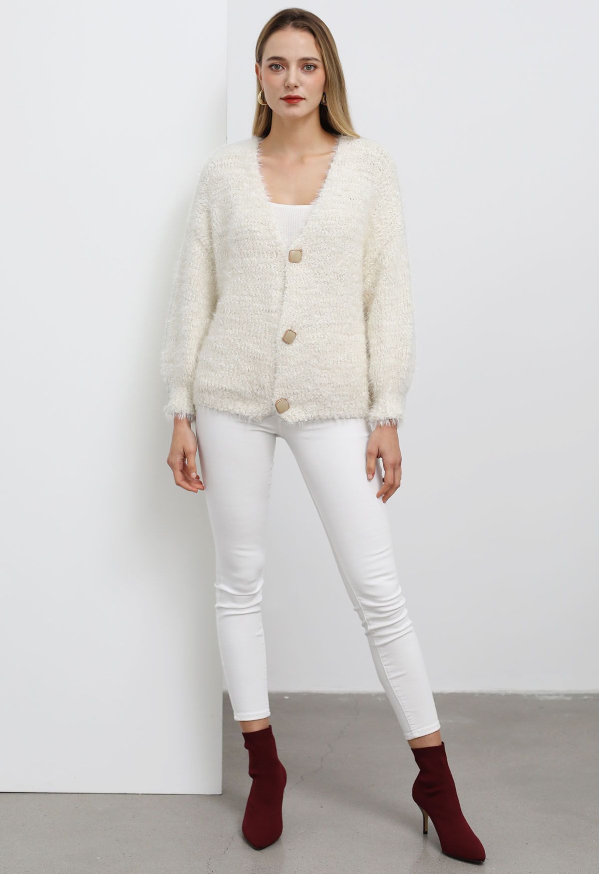 Coziness Shimmer Fuzzy Knit Buttoned Cardigan in Cream