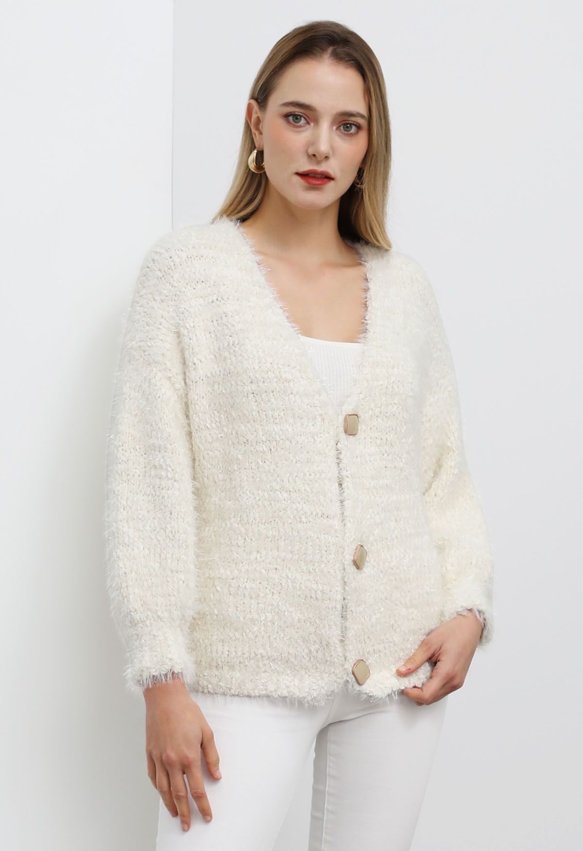 Coziness Shimmer Fuzzy Knit Buttoned Cardigan in Cream