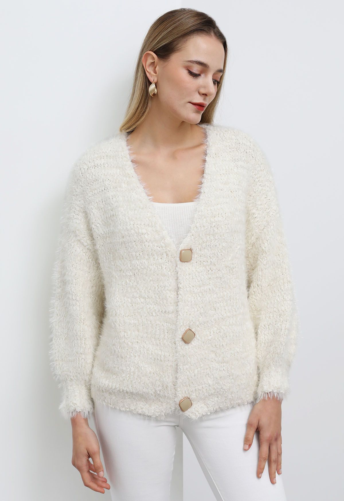 Coziness Shimmer Fuzzy Knit Buttoned Cardigan in Cream