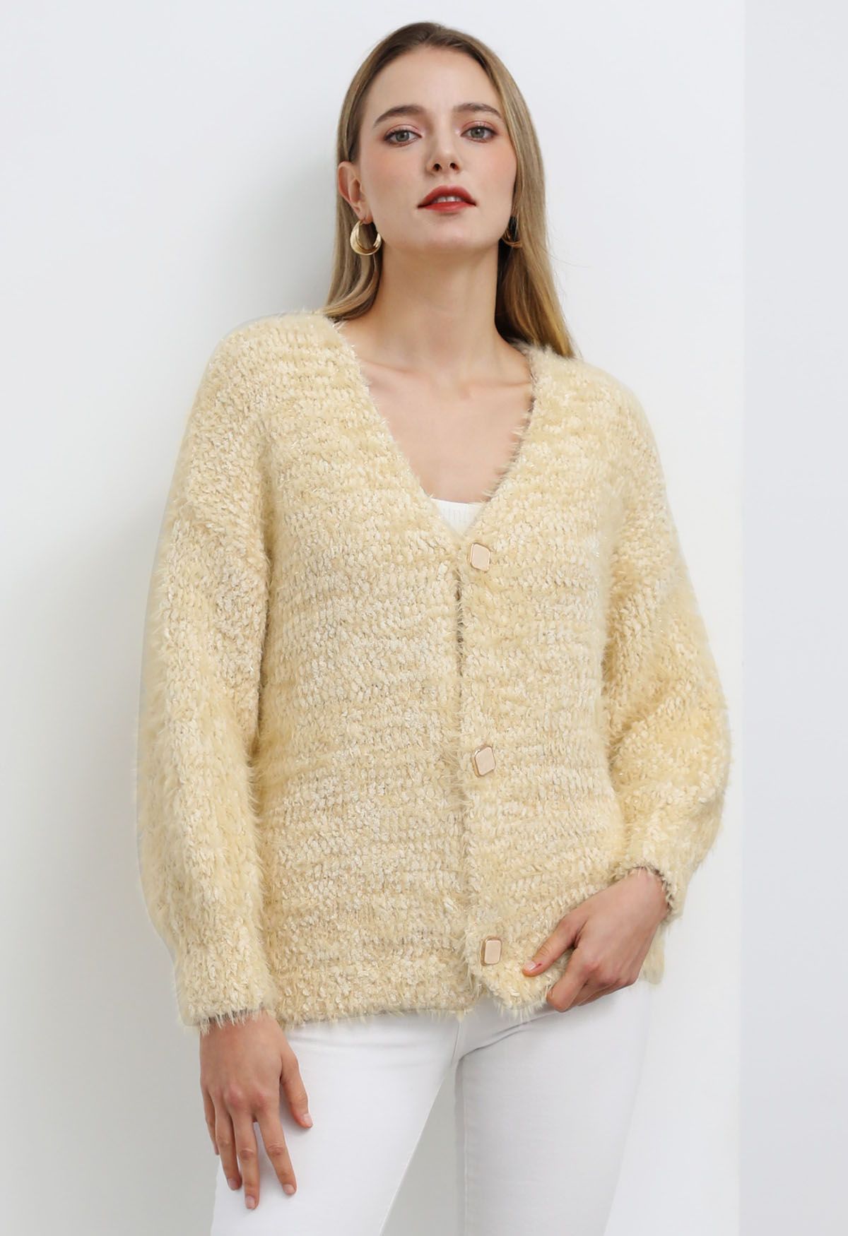 Coziness Shimmer Fuzzy Knit Buttoned Cardigan in Light Yellow