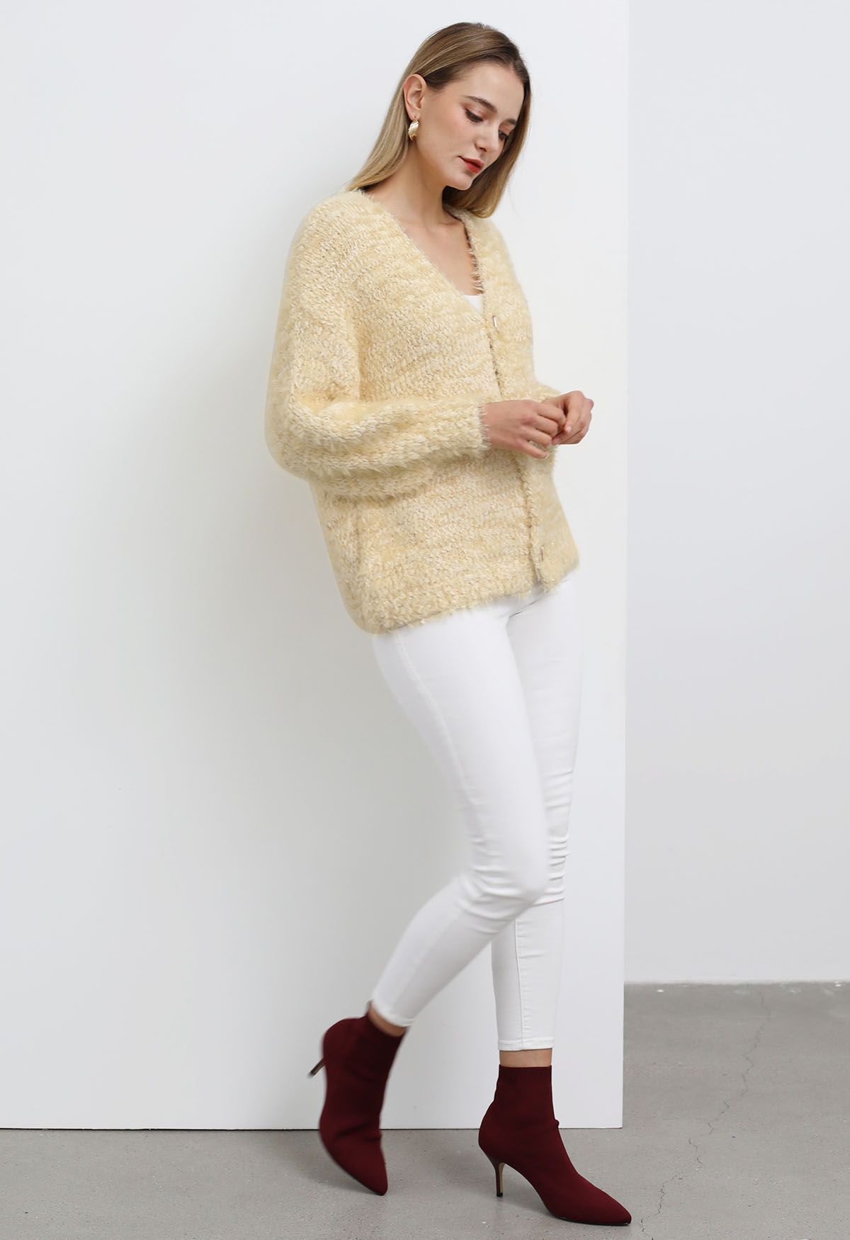 Coziness Shimmer Fuzzy Knit Buttoned Cardigan in Light Yellow