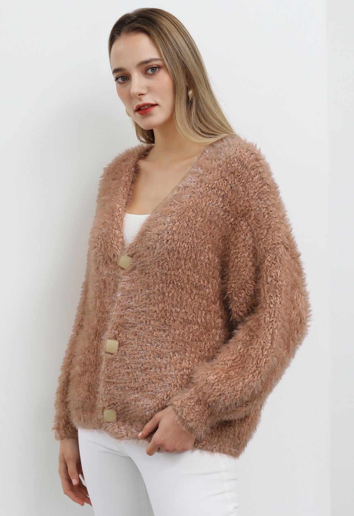 Coziness Shimmer Fuzzy Knit Buttoned Cardigan in Coral