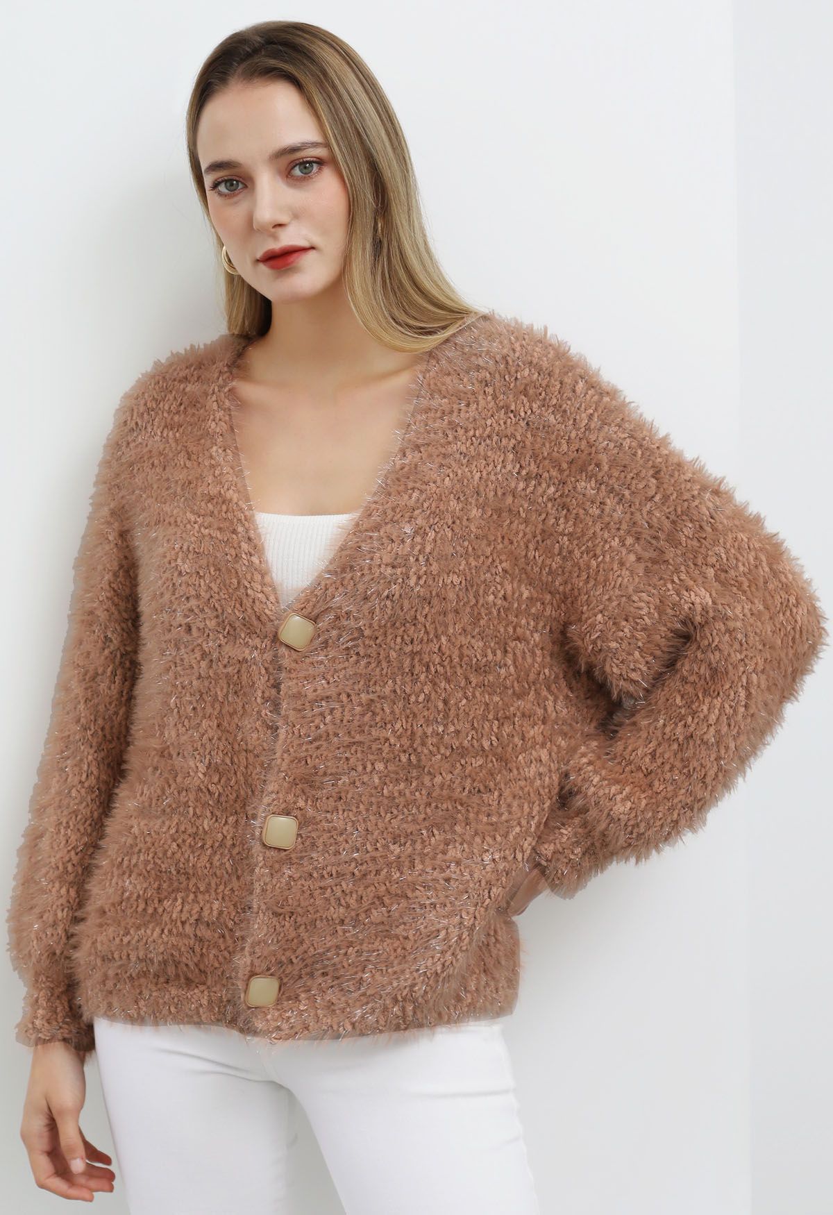 Coziness Shimmer Fuzzy Knit Buttoned Cardigan in Coral