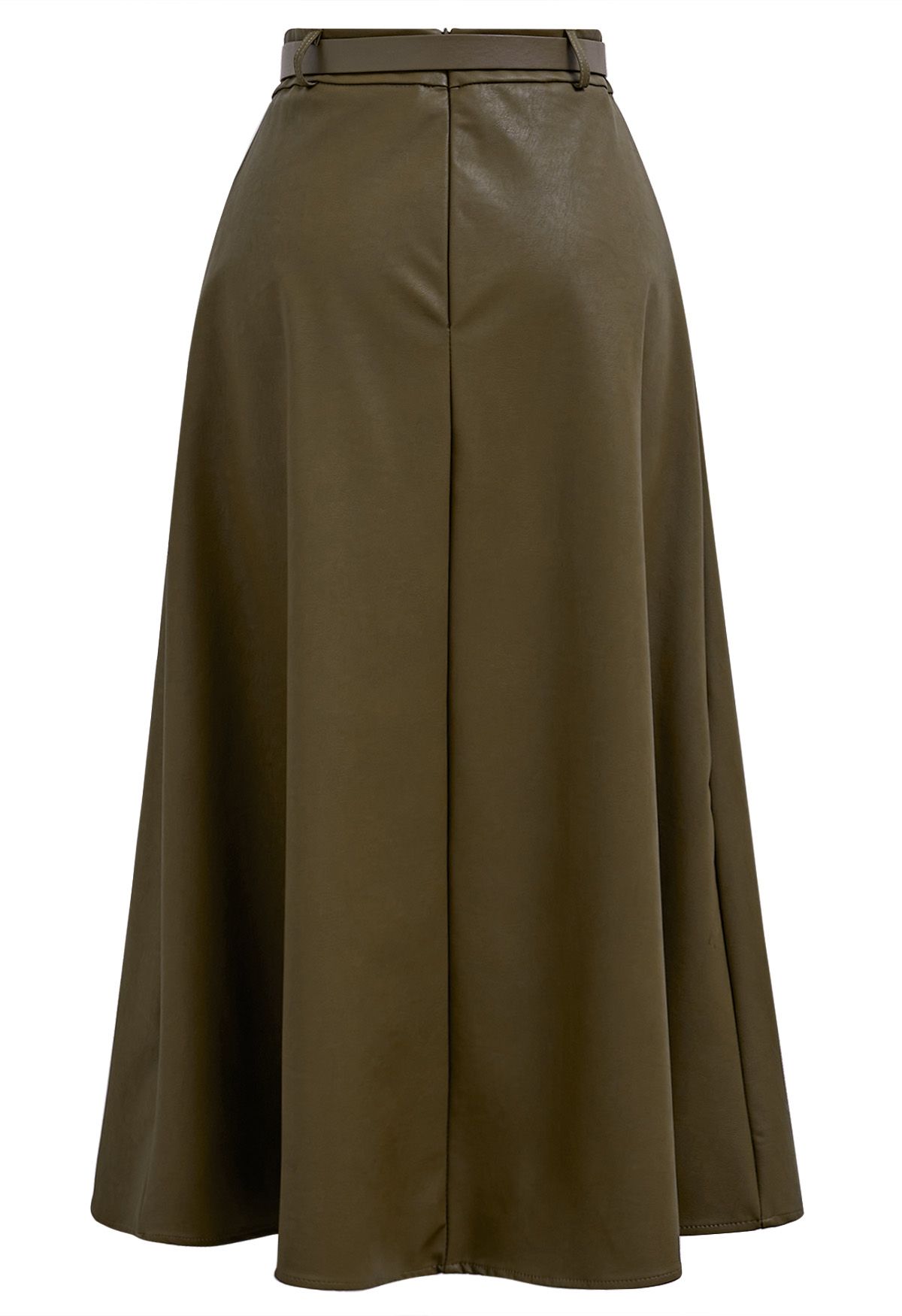 Faux Leather Pleated Belted Midi Skirt in Olive