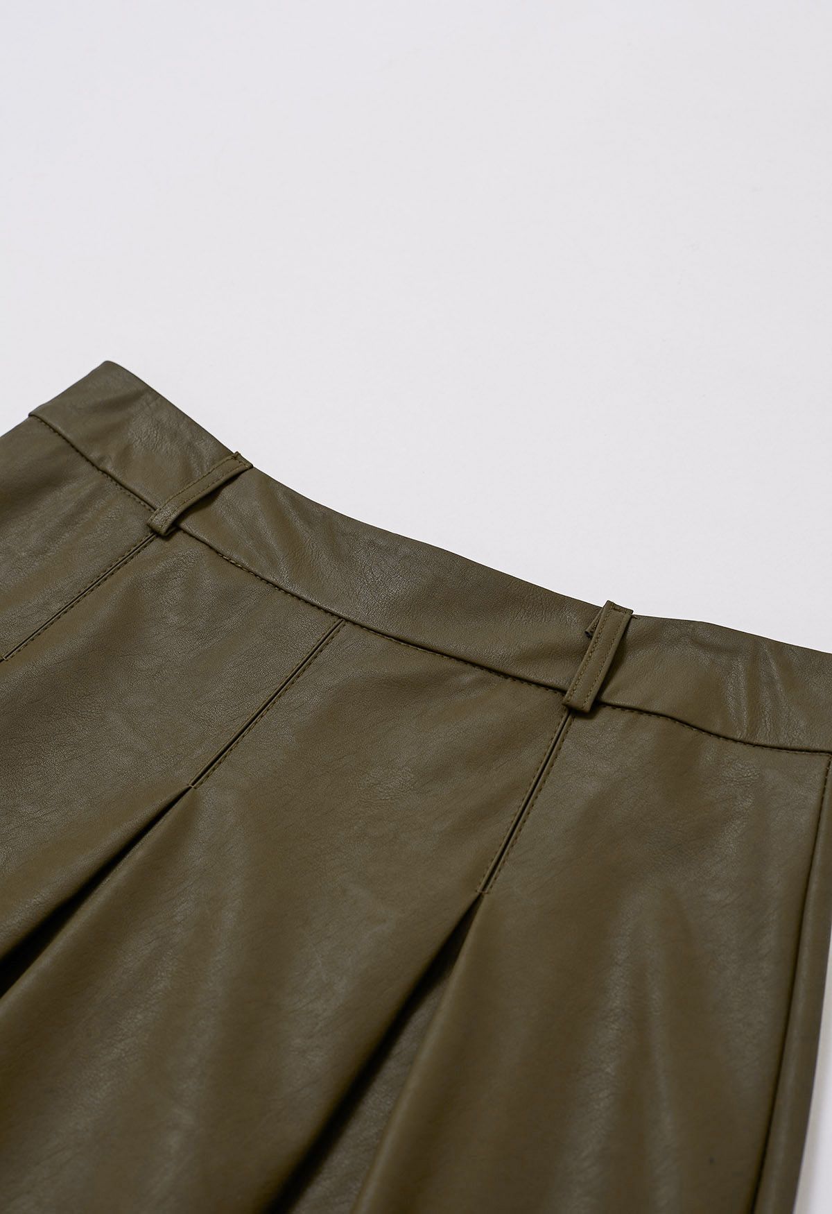 Faux Leather Pleated Belted Midi Skirt in Olive