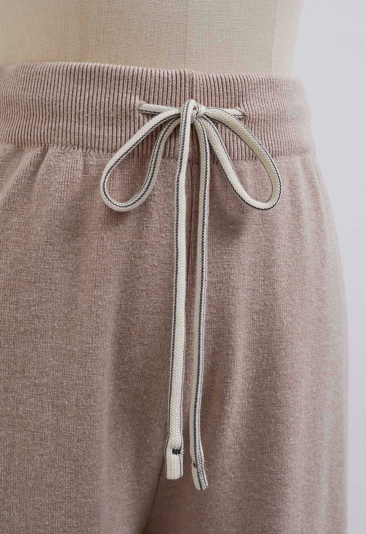 Ribbed Detailing Drawstring Waist Knit Pants in Oatmeal