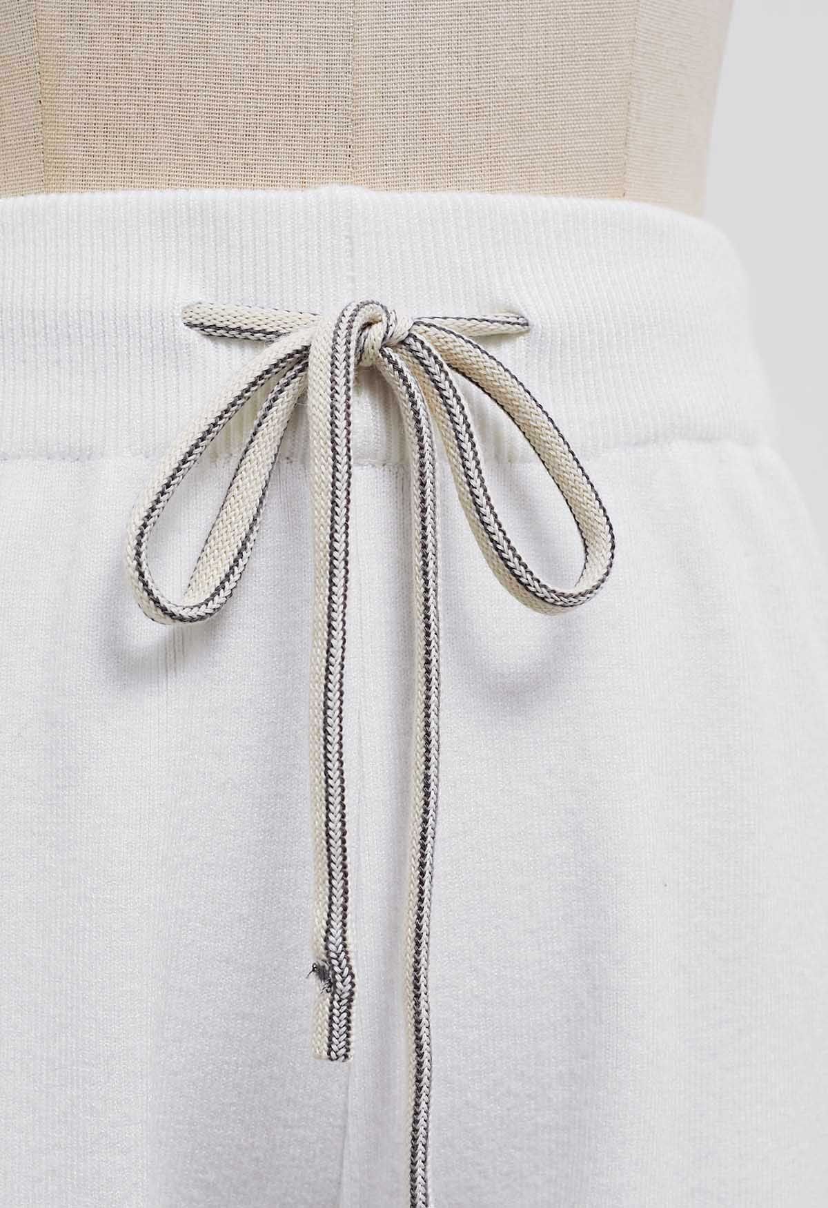 Ribbed Detailing Drawstring Waist Knit Pants in White