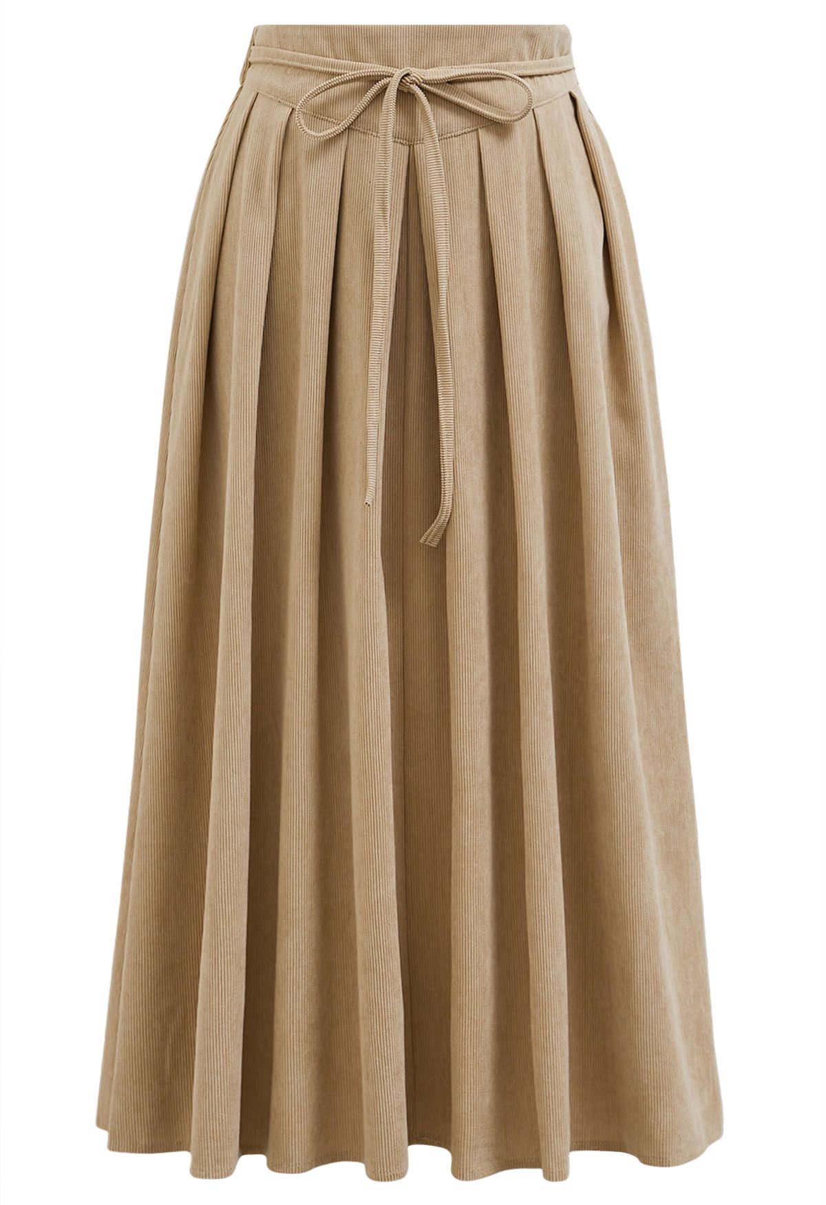 Tie-Waist Pleated Corduroy Midi Skirt in Sand