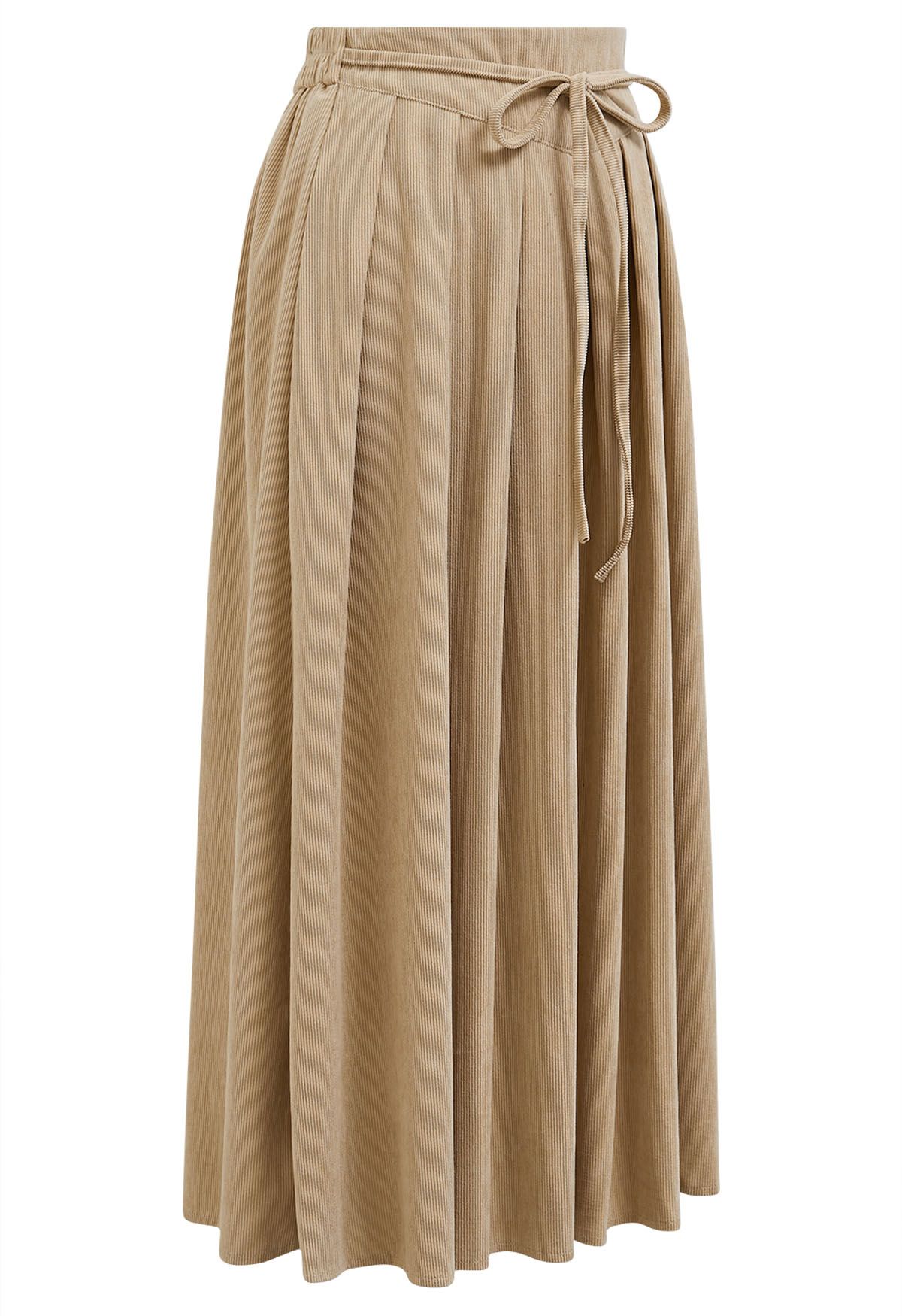 Tie-Waist Pleated Corduroy Midi Skirt in Sand