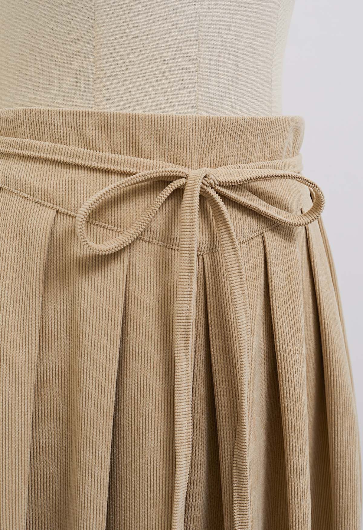 Tie-Waist Pleated Corduroy Midi Skirt in Sand