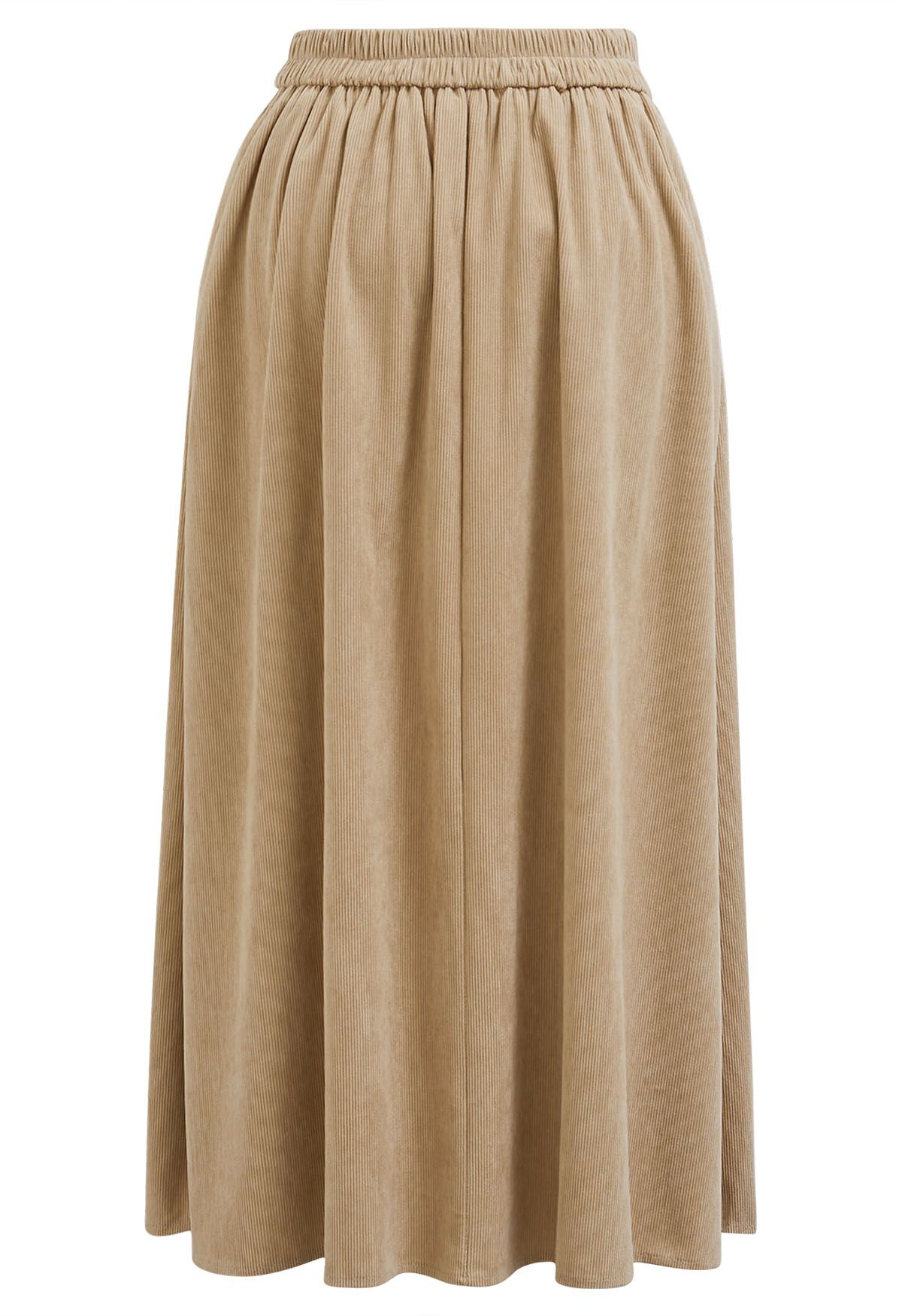 Tie-Waist Pleated Corduroy Midi Skirt in Sand