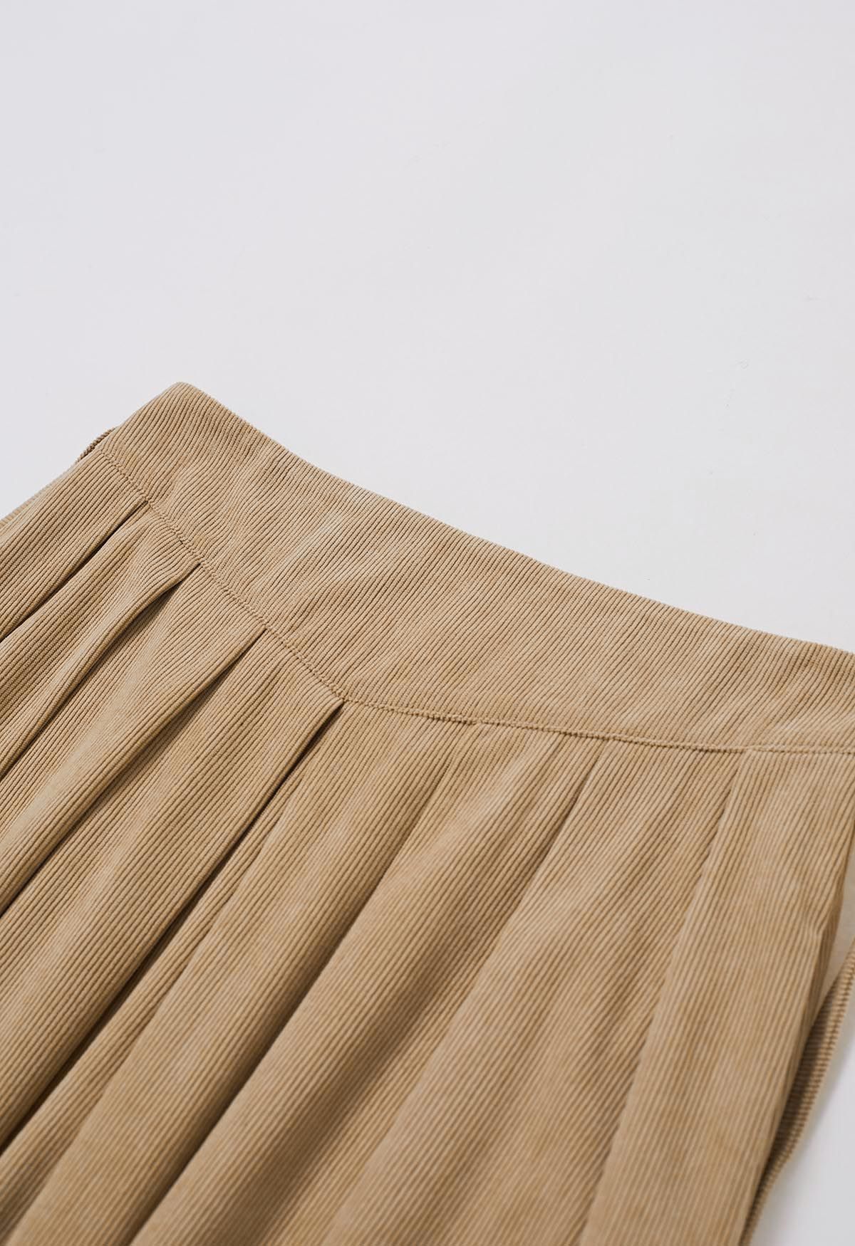 Tie-Waist Pleated Corduroy Midi Skirt in Sand