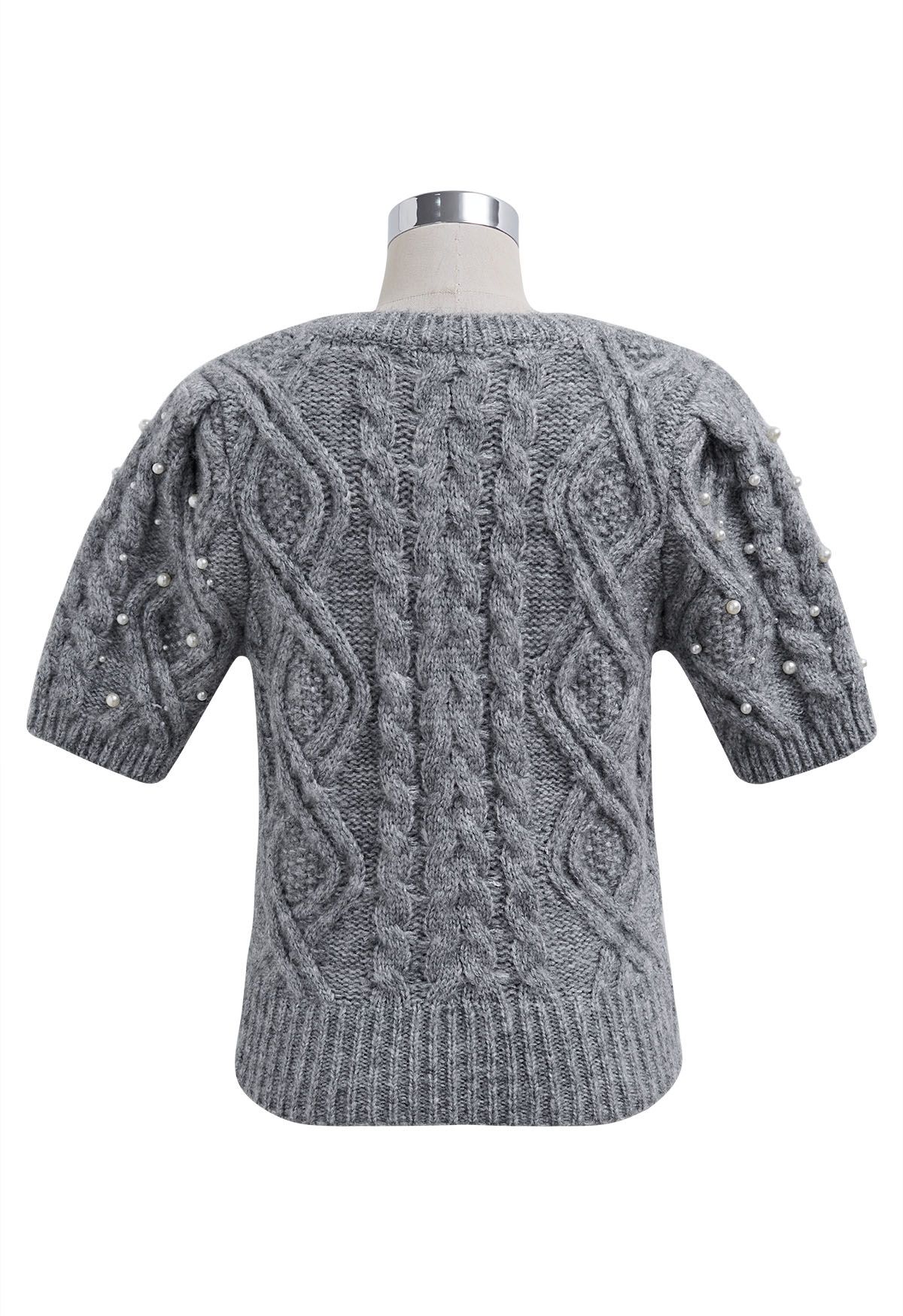 Pearly Short Sleeve Cable Knit Sweater in Grey