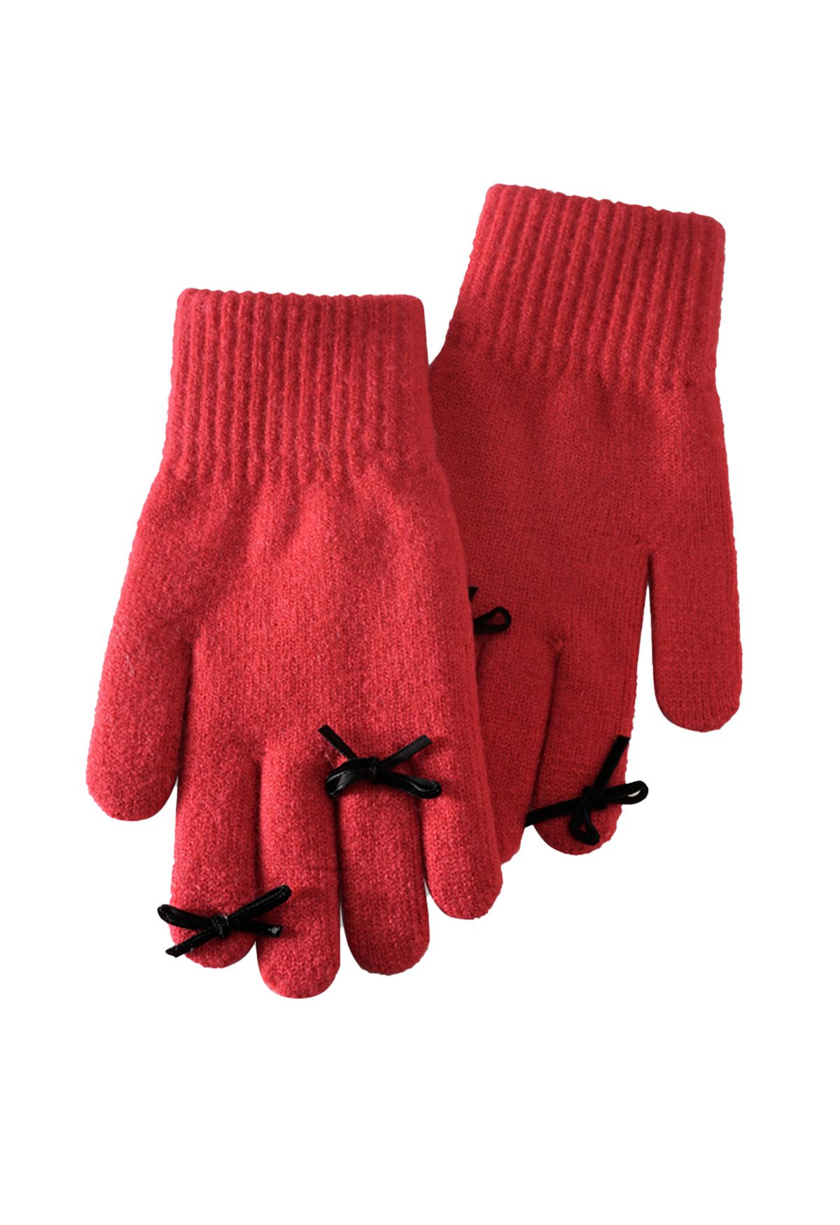 Bowknot Decor Fingerhole Knit Gloves in Red