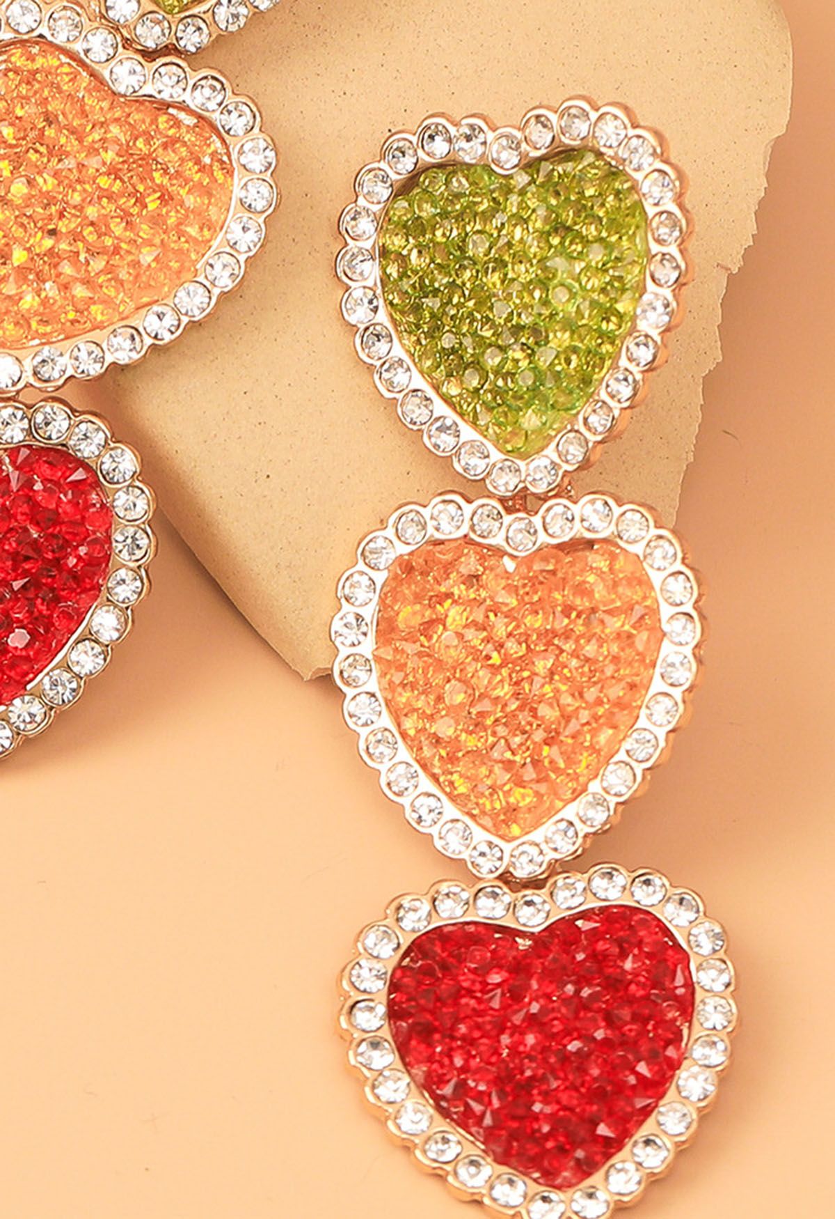 Triple-Color Heart Rhinestone Earrings in Red