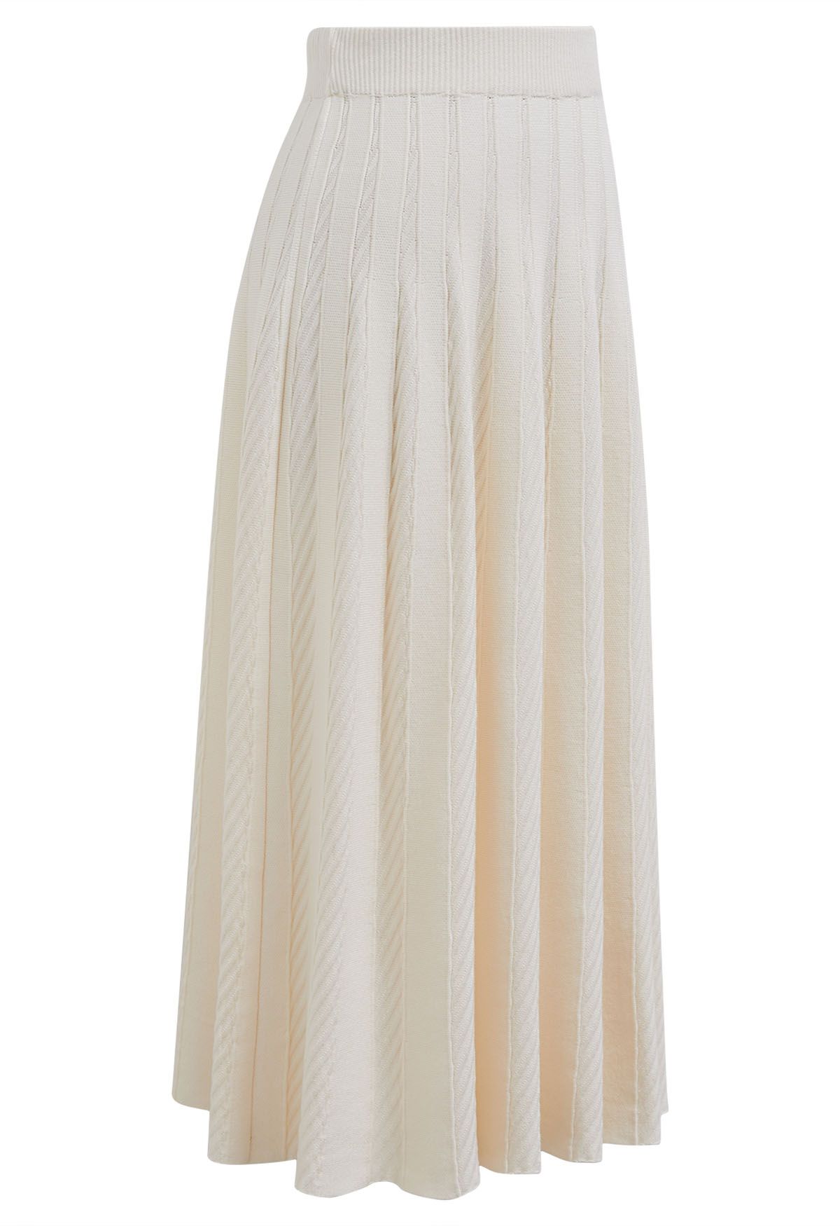 Diagonal Ribbed Pleated Knit Skirt in Cream