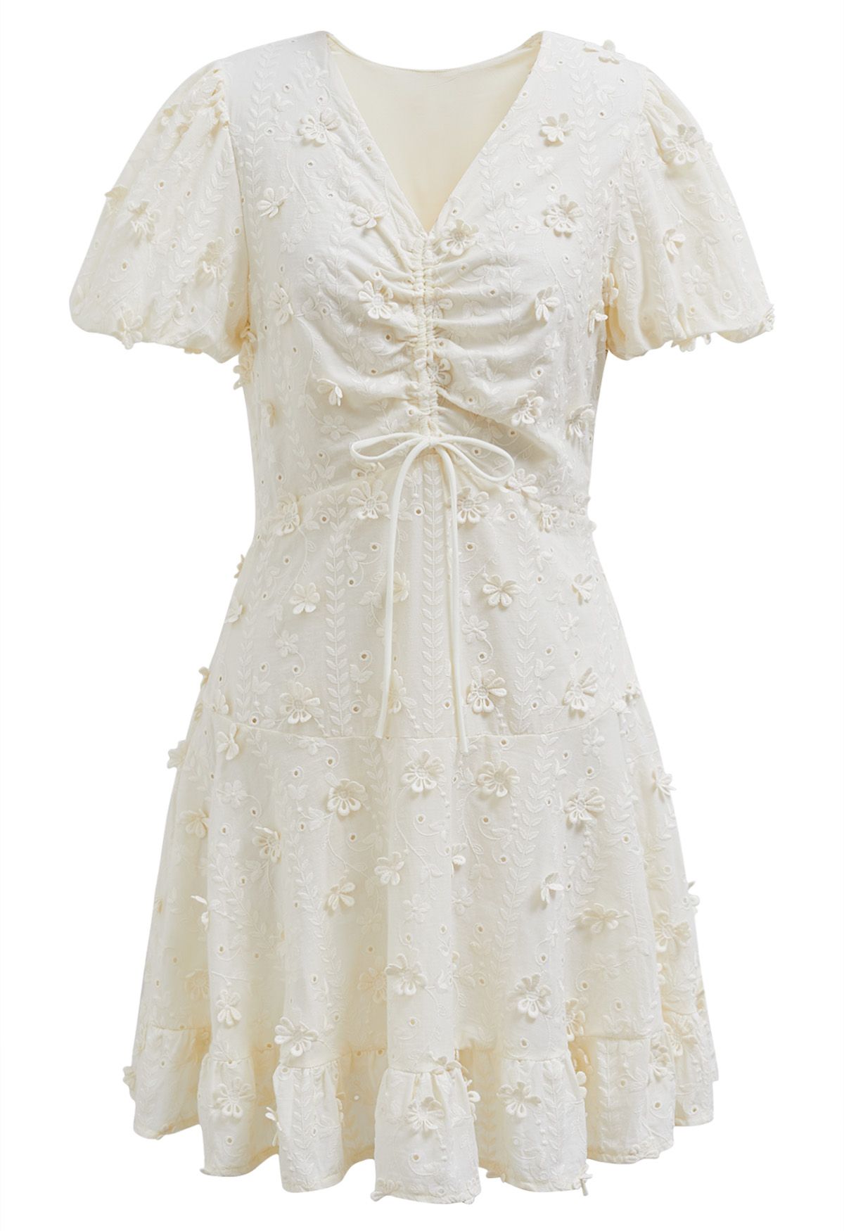 3D Daisy Bubble Sleeve Cotton Mini Dress in Cream