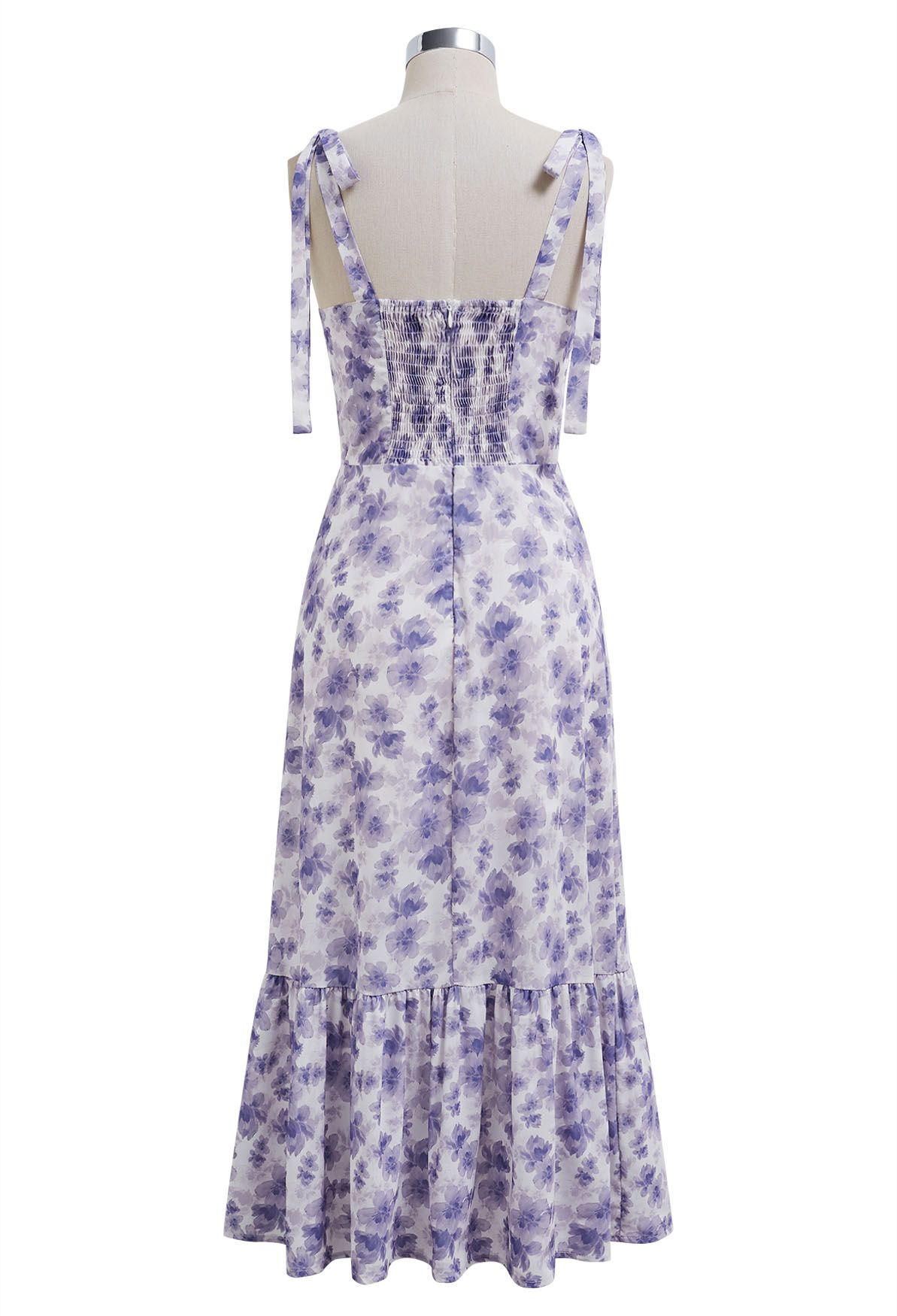 Floral Tie-Shoulder Split Midi Dress in Purple