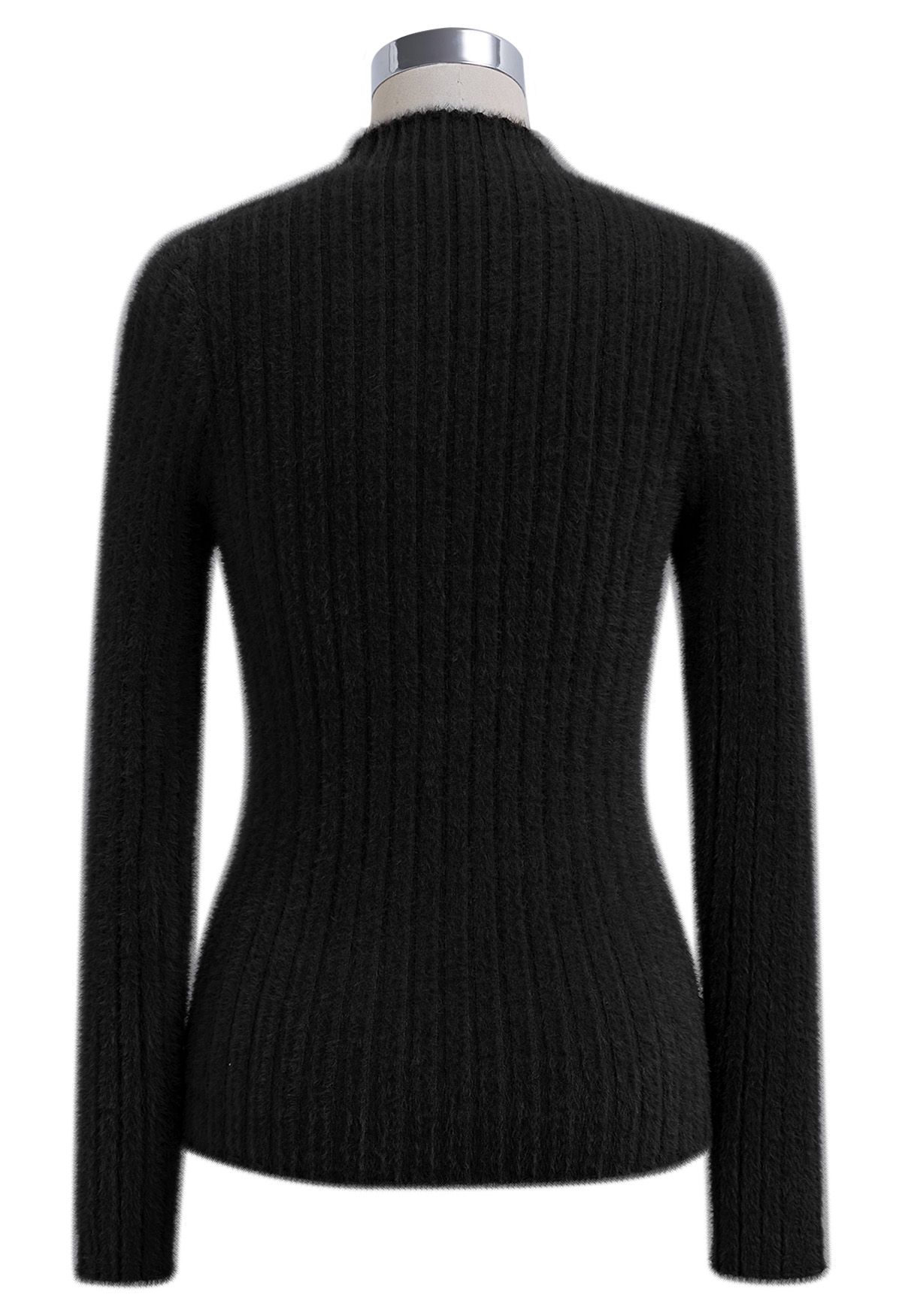 Mock Neck Fuzzy Rib Knit Top in Black